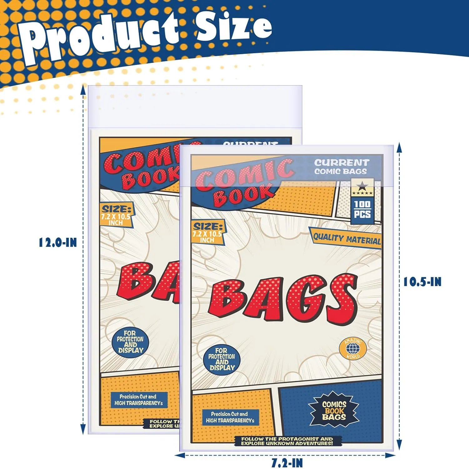 200 Count Comic Book Bags, Current Size Comic Bags 7.2 X 10.5 inch Transparent Acid-Free and Reusable Comic Book Sleeves for Regular Comics