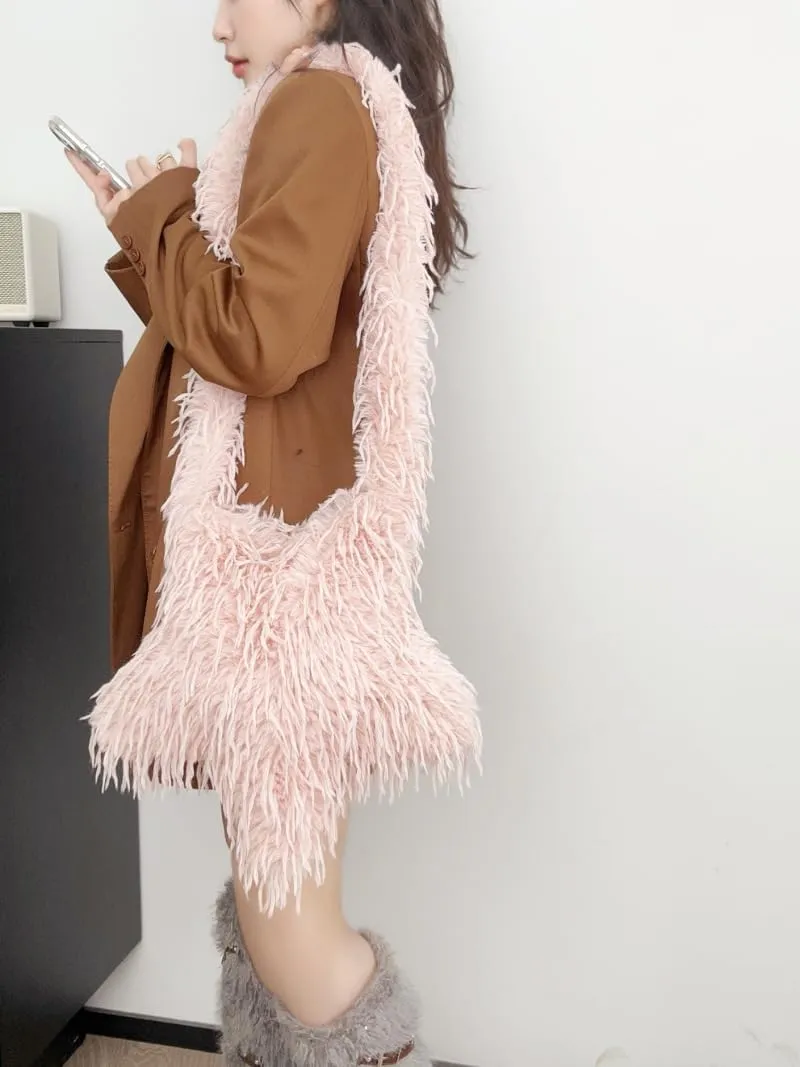 2024 New Y2K Star -shaped Bags Women's Faux Fur Fuzzy Hobo Bag Furry Crossbody Purse Grunge Bag