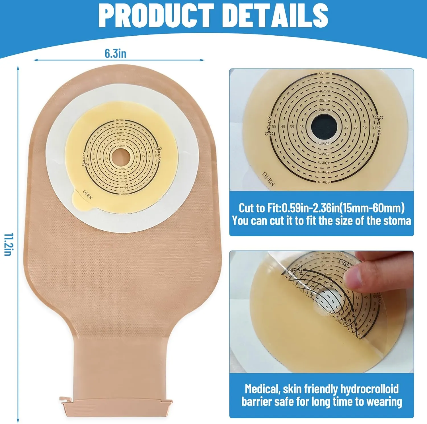 22 PCS Colostomy Bags Ostomy Supplies, One Piece Drainable Ostomy Pouch for Adult with Closure, 15mm-60mm Cut-to-Fit Urostomy Bag, Ileostomy Supplies for Ileostomy Stoma Care