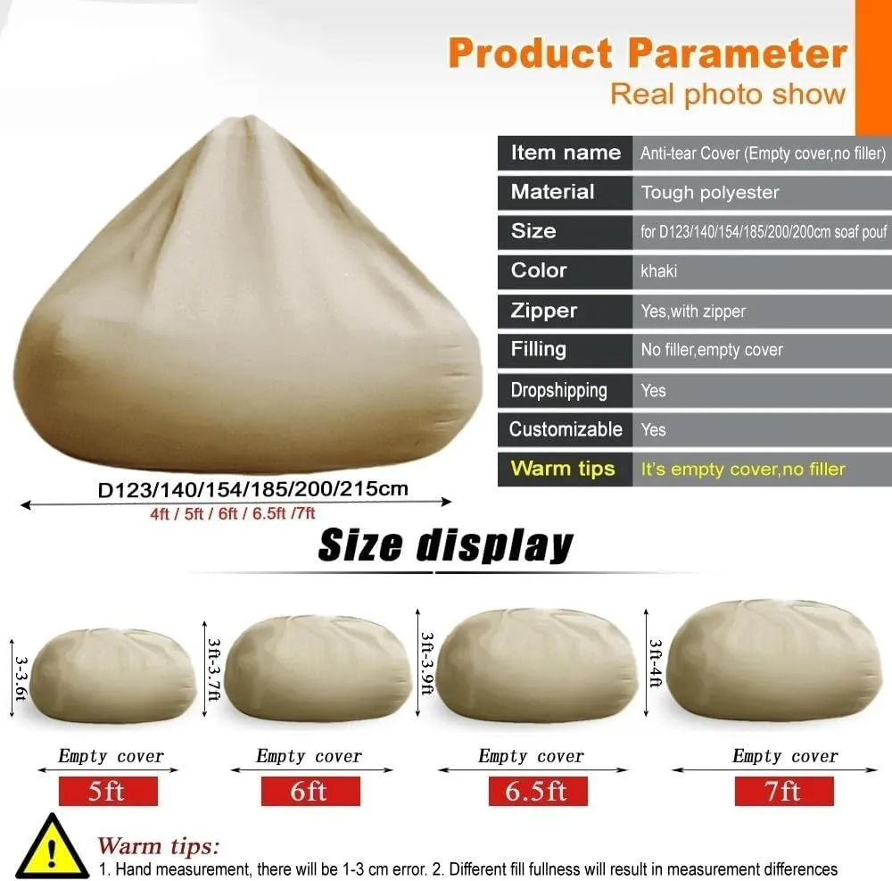 2/3/4/5/6/7ft Tough Anti-Tear Linner Bag Cover Bean Bag Pouf Inner Wash Bags Sofa Sac Beanbag Insert Covers Couch Inner Covers Beanbag No Filling Insert (Size : 7ft-D215cm-cover)