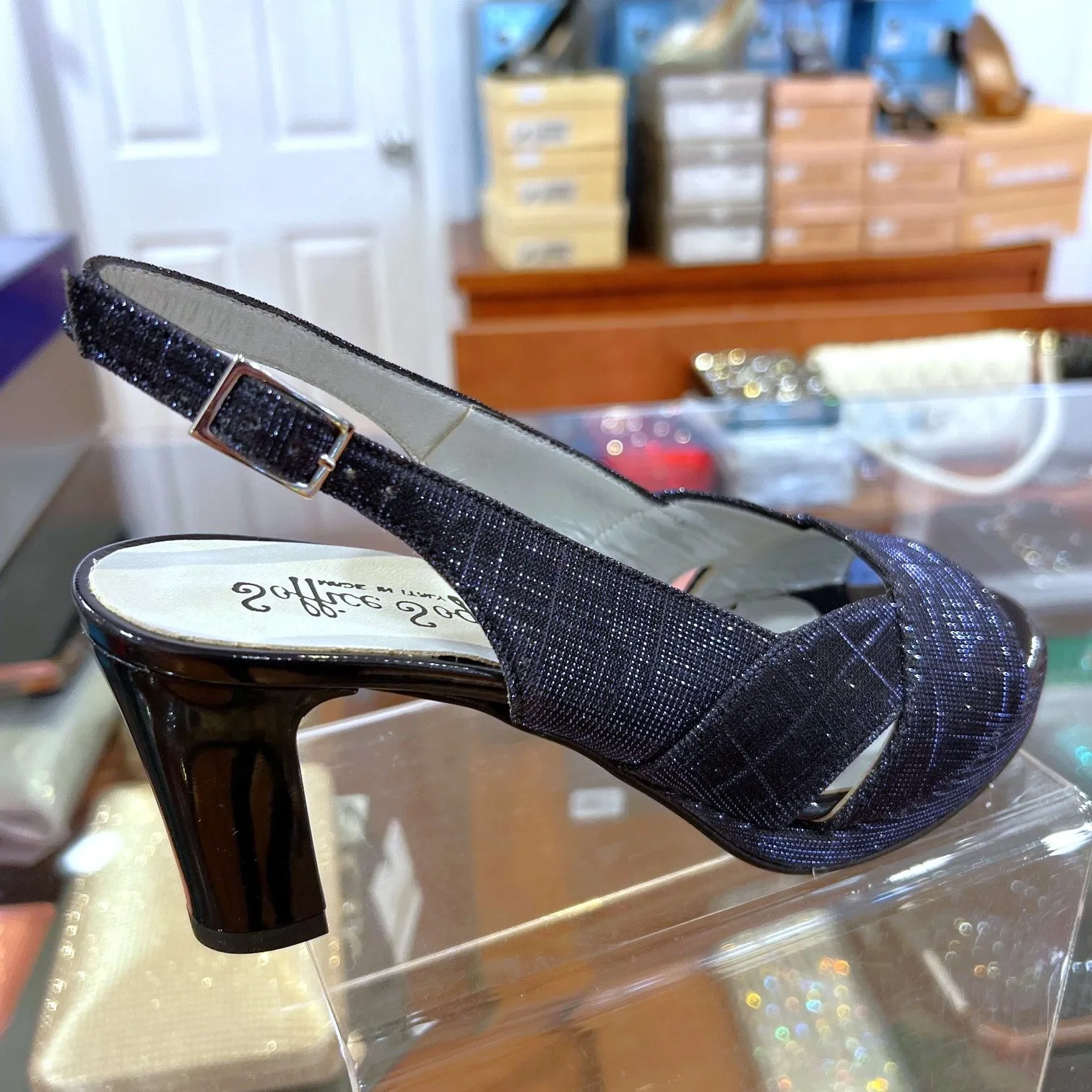 23662 Navy Leather Glitter Mesh Mid Heels