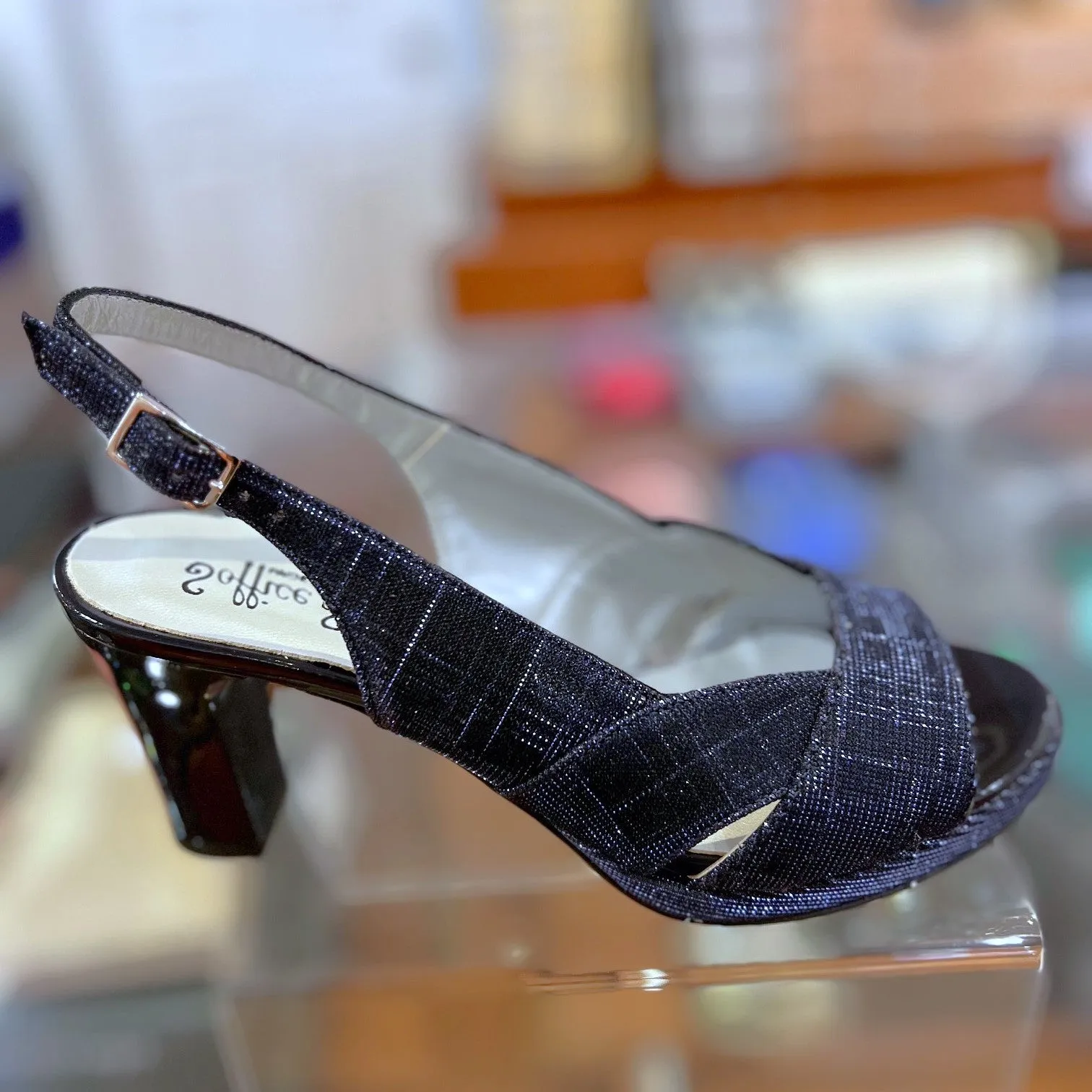23662 Navy Leather Glitter Mesh Mid Heels