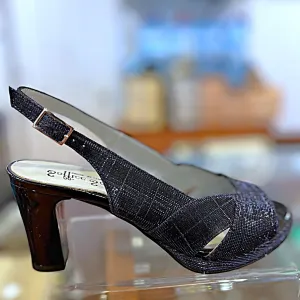 23662 Navy Leather Glitter Mesh Mid Heels