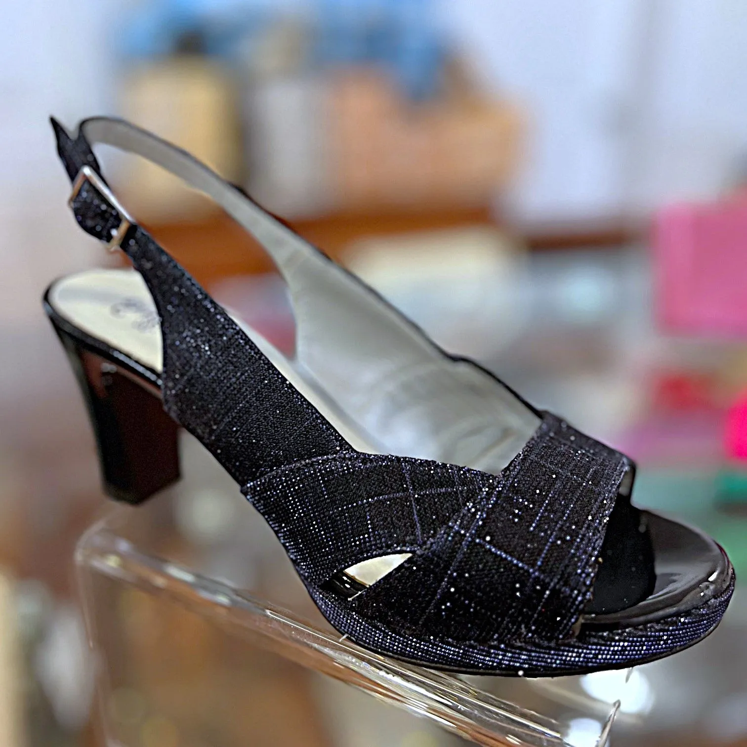 23662 Navy Leather Glitter Mesh Mid Heels