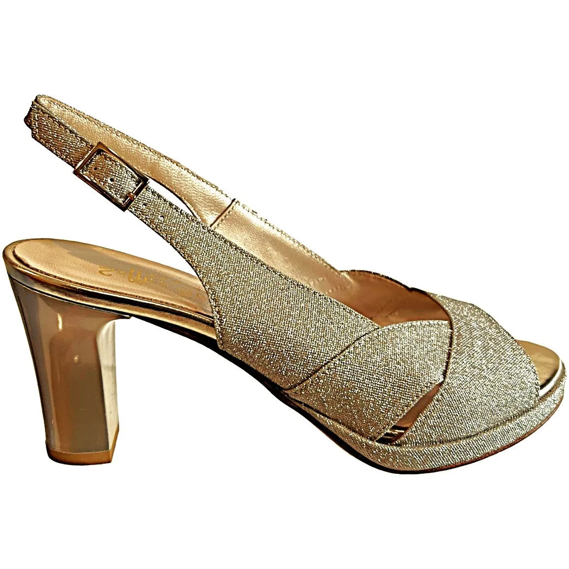 23662 Platino Champagne Leather Glitter Mesh Mid Heels