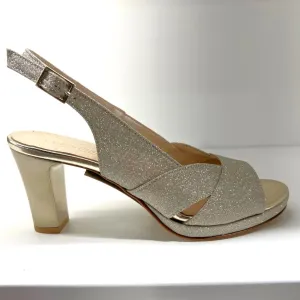 23662 Platino Champagne Leather Glitter Mesh Mid Heels