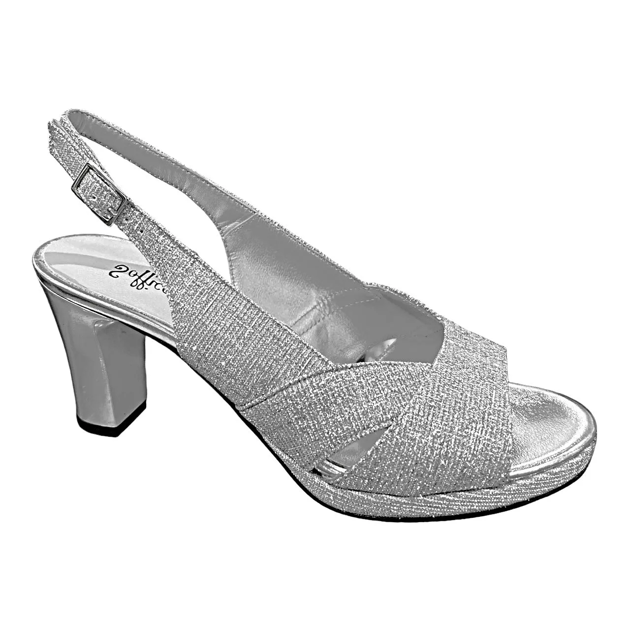 23662 Silver Leather Glitter Mesh Mid Heels