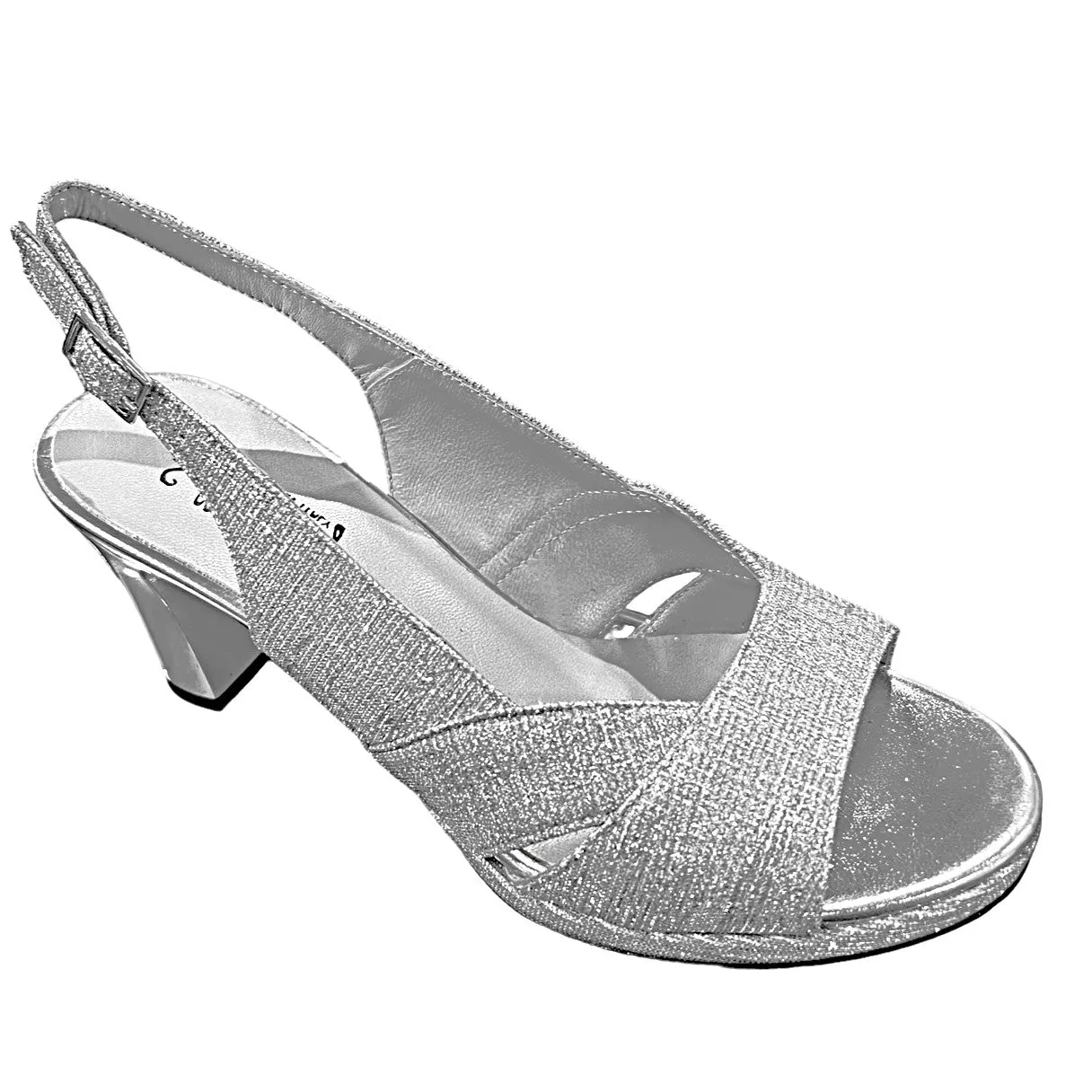 23662 Silver Leather Glitter Mesh Mid Heels