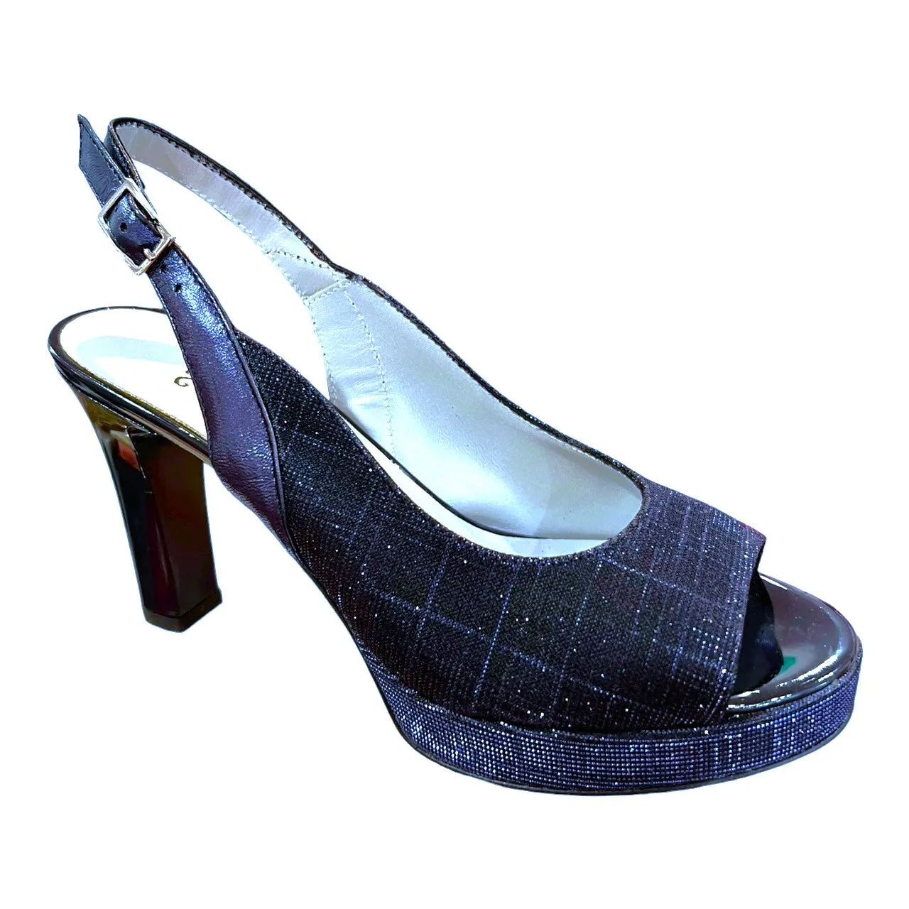 23670 Navy Leather & Glitter Mesh High Heels