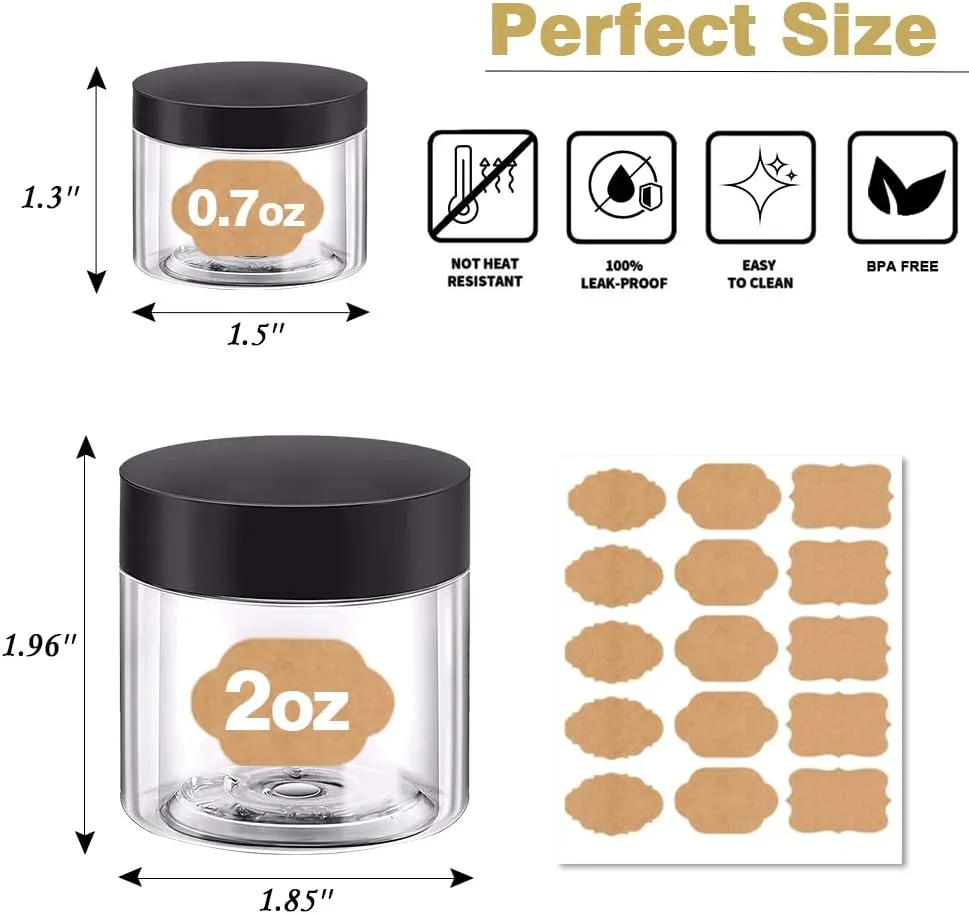2oz Plastic Jars Round Cosmetic Containers with Lids | 20 Gram Clear Small Sample Containers (Set of 48) for Cream, Body Butter, Eye Shadow, Rhinestone, Lip Scrub, Travel - Labels & Spatulas