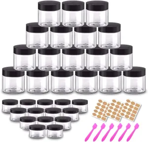2oz Plastic Jars Round Cosmetic Containers with Lids | 20 Gram Clear Small Sample Containers (Set of 48) for Cream, Body Butter, Eye Shadow, Rhinestone, Lip Scrub, Travel - Labels & Spatulas