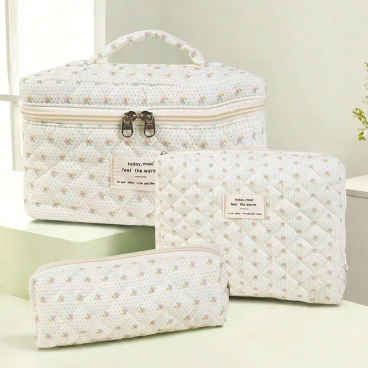 3 Pcs Cotton Quilted Makeup Bag Set, Floral & Cute Travel Toiletry Cosmetic Bag Organizer for Women Girls (G)