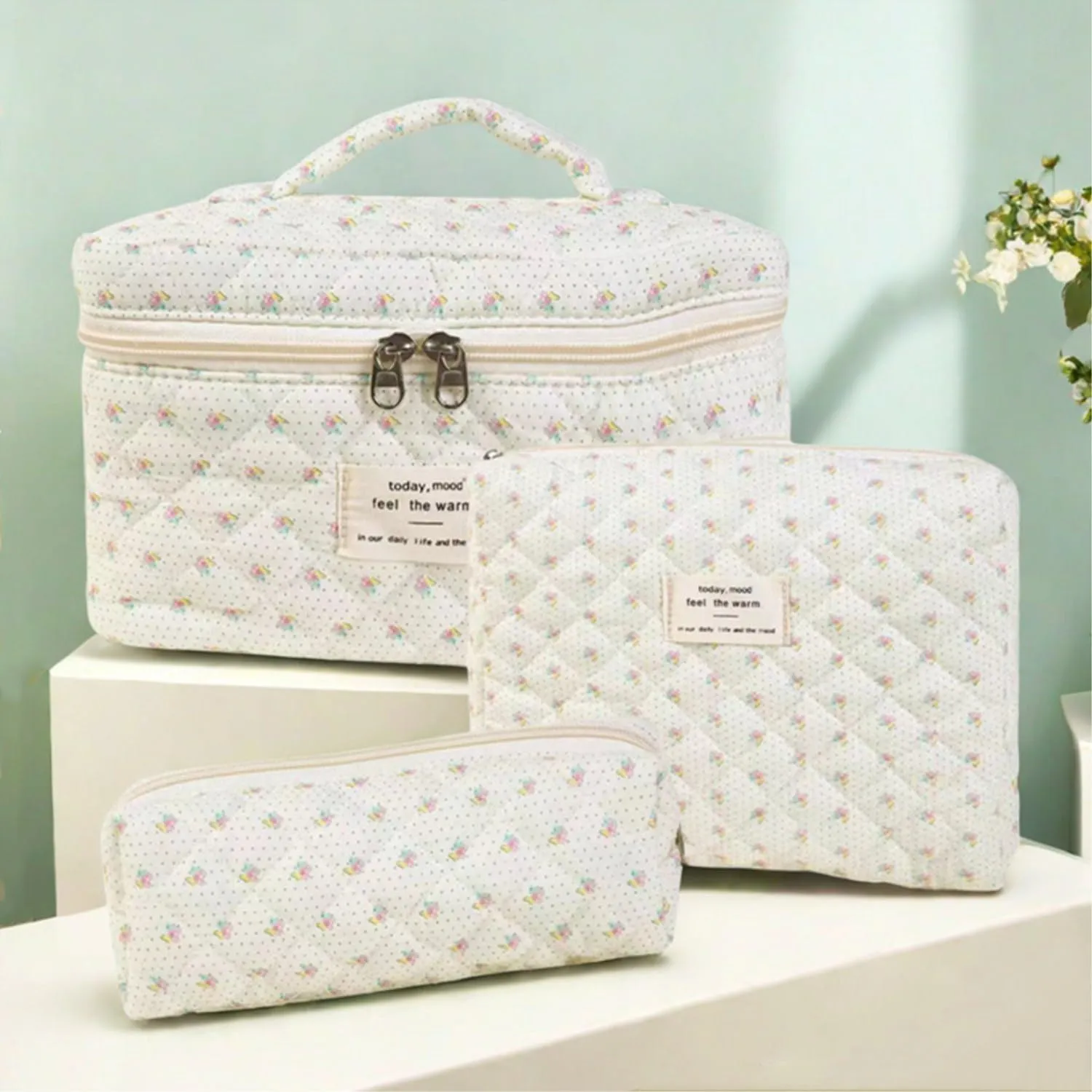 3 Pcs Cotton Quilted Makeup Bag Set, Floral & Cute Travel Toiletry Cosmetic Bag Organizer for Women Girls (G)