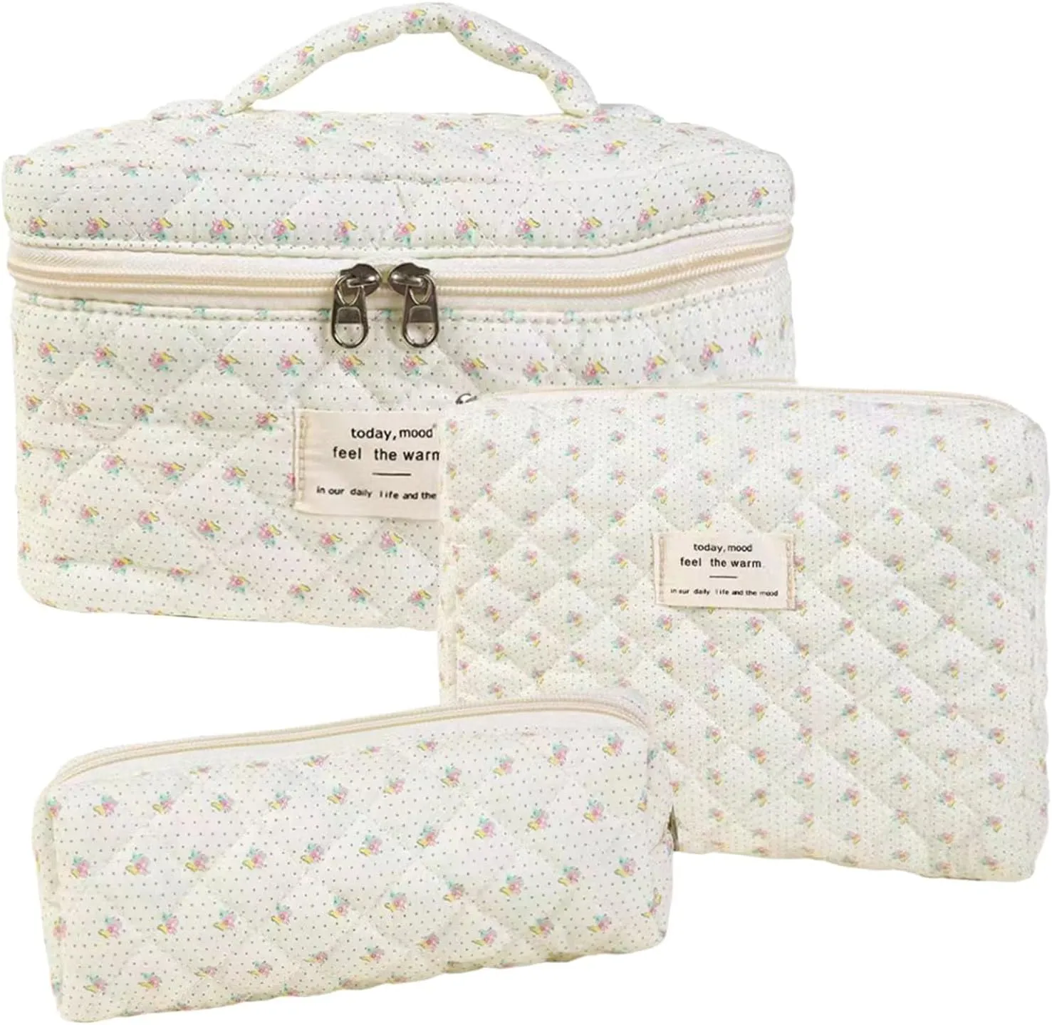 3 Pcs Cotton Quilted Makeup Bag Set, Floral & Cute Travel Toiletry Cosmetic Bag Organizer for Women Girls (G)