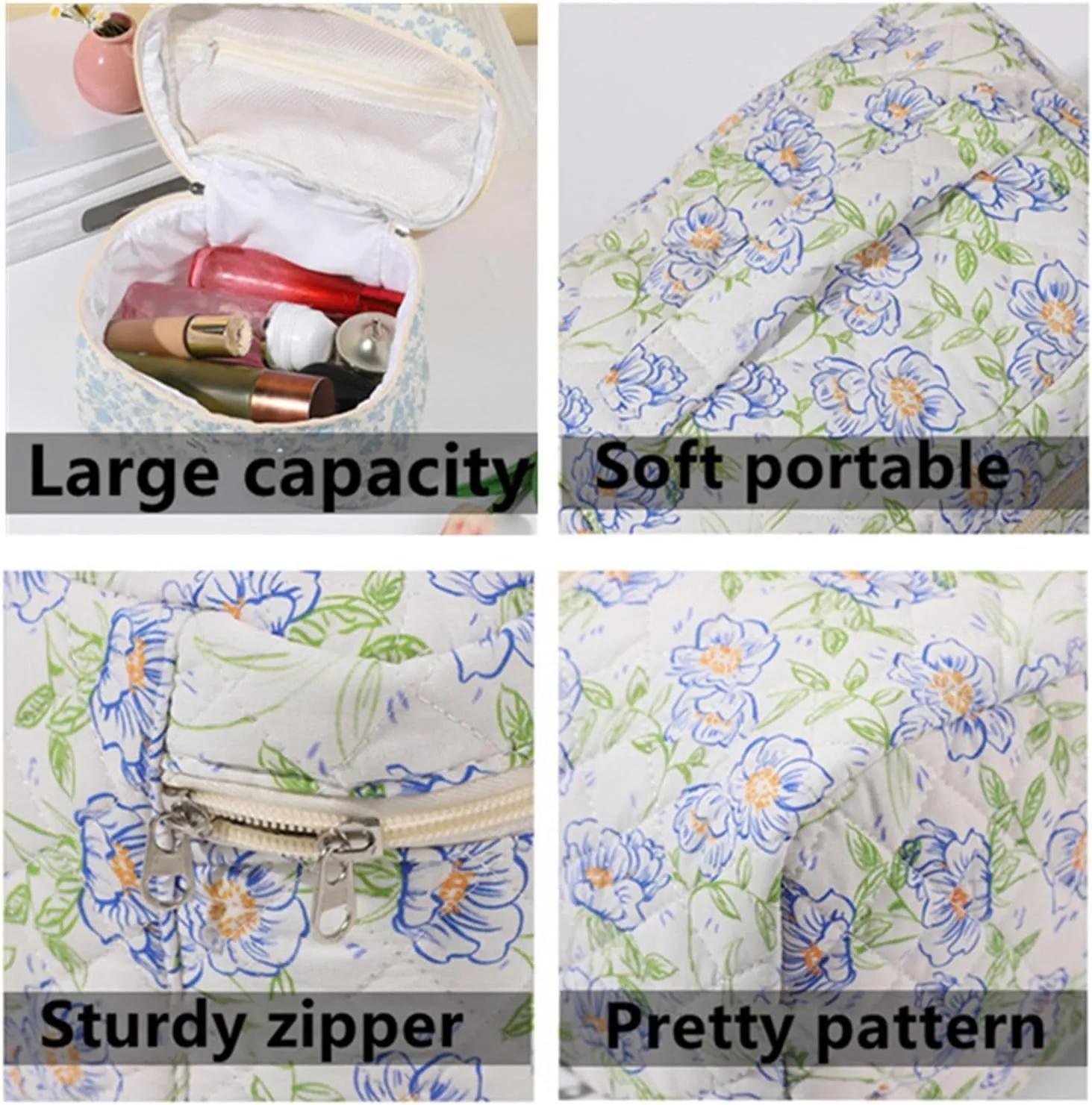 3 Pcs Cotton Quilted Makeup Bag Set, Floral & Cute Travel Toiletry Cosmetic Bag Organizer for Women Girls (G)