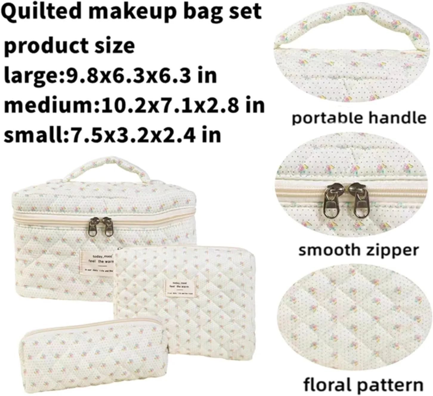 3 Pcs Cotton Quilted Makeup Bag Set, Floral & Cute Travel Toiletry Cosmetic Bag Organizer for Women Girls (G)