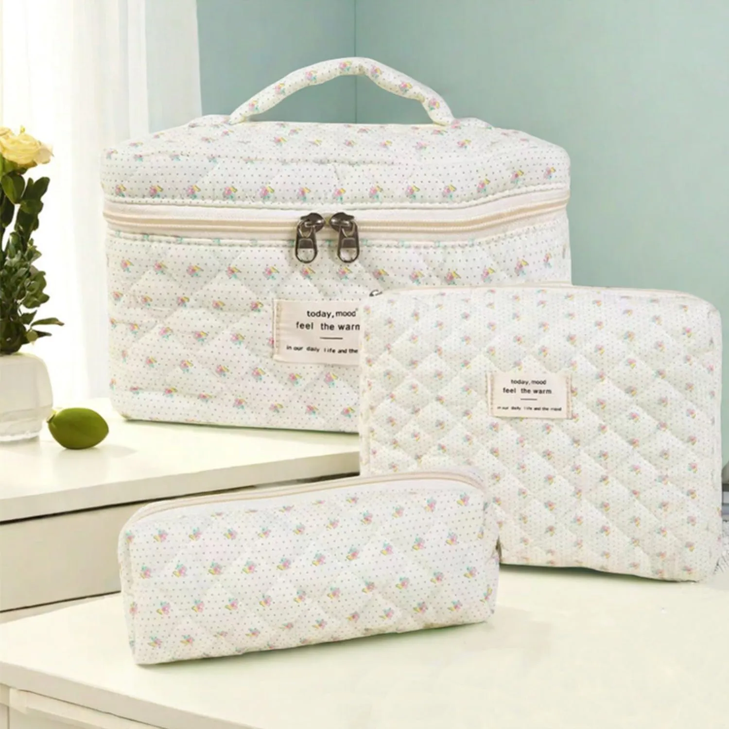 3 Pcs Cotton Quilted Makeup Bag Set, Floral & Cute Travel Toiletry Cosmetic Bag Organizer for Women Girls (G)