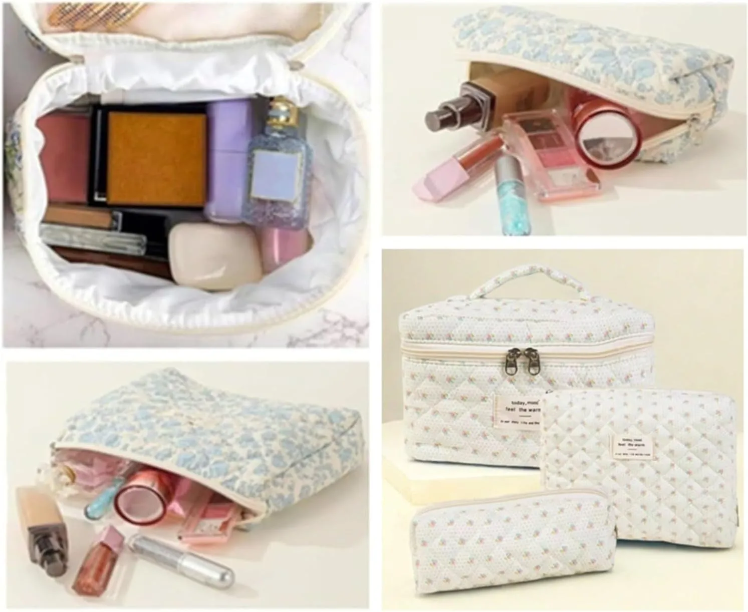 3 Pcs Cotton Quilted Makeup Bag Set, Floral & Cute Travel Toiletry Cosmetic Bag Organizer for Women Girls (G)