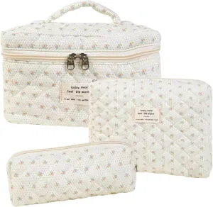3 Pcs Cotton Quilted Makeup Bag Set, Floral & Cute Travel Toiletry Cosmetic Bag Organizer for Women Girls (G)