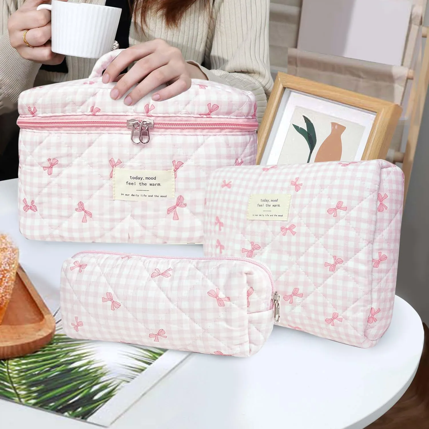 3 Pcs Cotton Quilted Makeup Bag Set, Floral Cotton Cosmetic Bag, Aesthetic Toiletry Travel Organizer Bag for Women (Pink Gingham Bow)