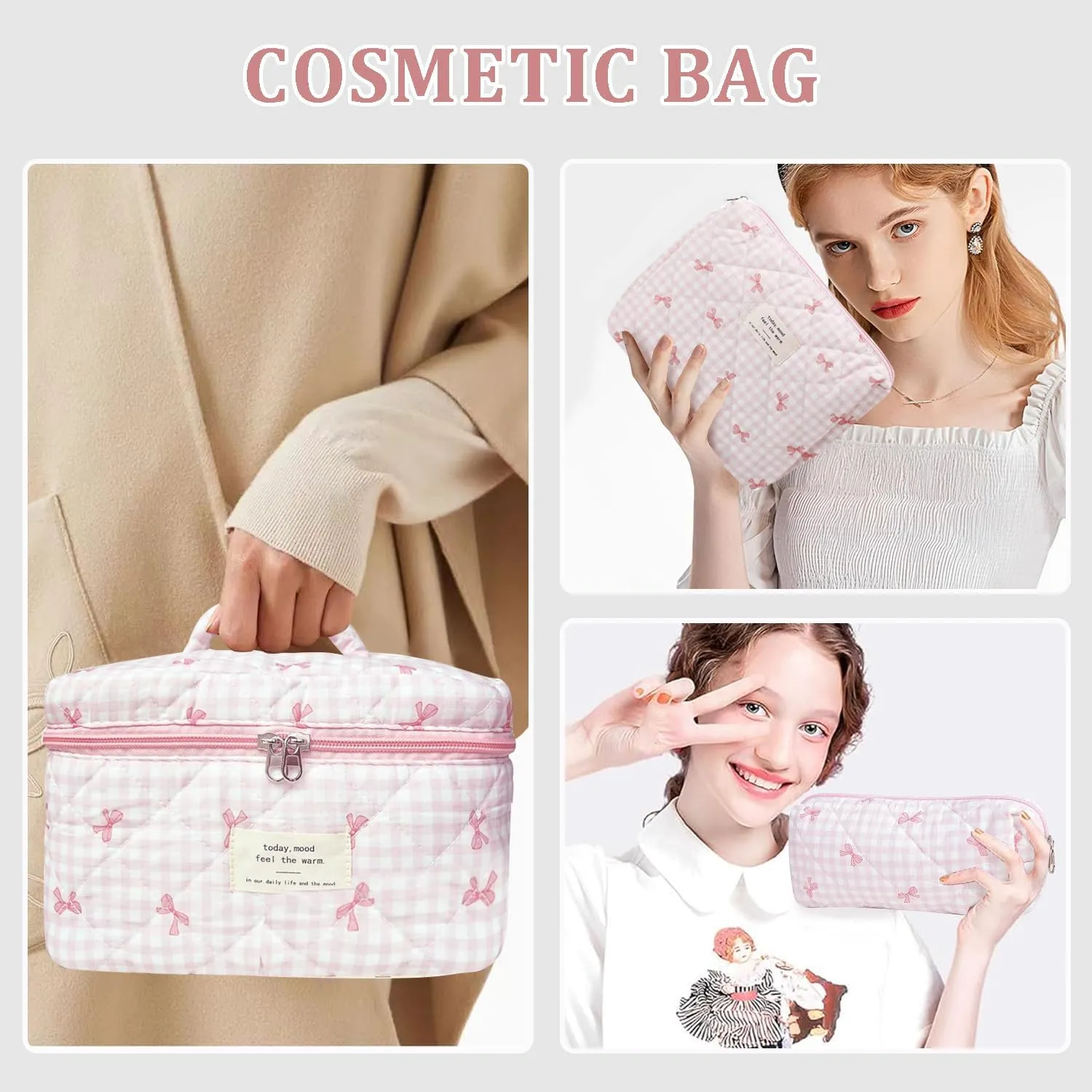 3 Pcs Cotton Quilted Makeup Bag Set, Floral Cotton Cosmetic Bag, Aesthetic Toiletry Travel Organizer Bag for Women (Pink Gingham Bow)