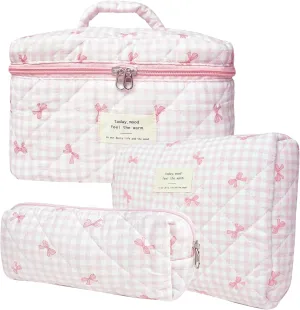 3 Pcs Cotton Quilted Makeup Bag Set, Floral Cotton Cosmetic Bag, Aesthetic Toiletry Travel Organizer Bag for Women (Pink Gingham Bow)