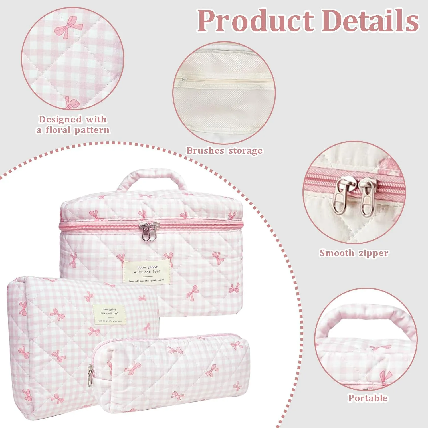 3 Pcs Cotton Quilted Makeup Bag Set, Floral Cotton Cosmetic Bag, Aesthetic Toiletry Travel Organizer Bag for Women (Pink Gingham Bow)