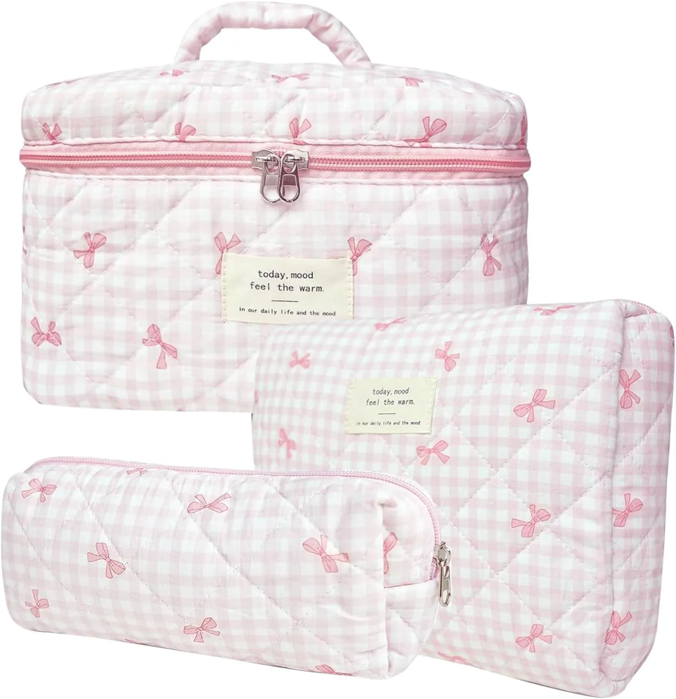 3 Pcs Cotton Quilted Makeup Bag Set, Floral Cotton Cosmetic Bag, Aesthetic Toiletry Travel Organizer Bag for Women (Pink Gingham Bow)