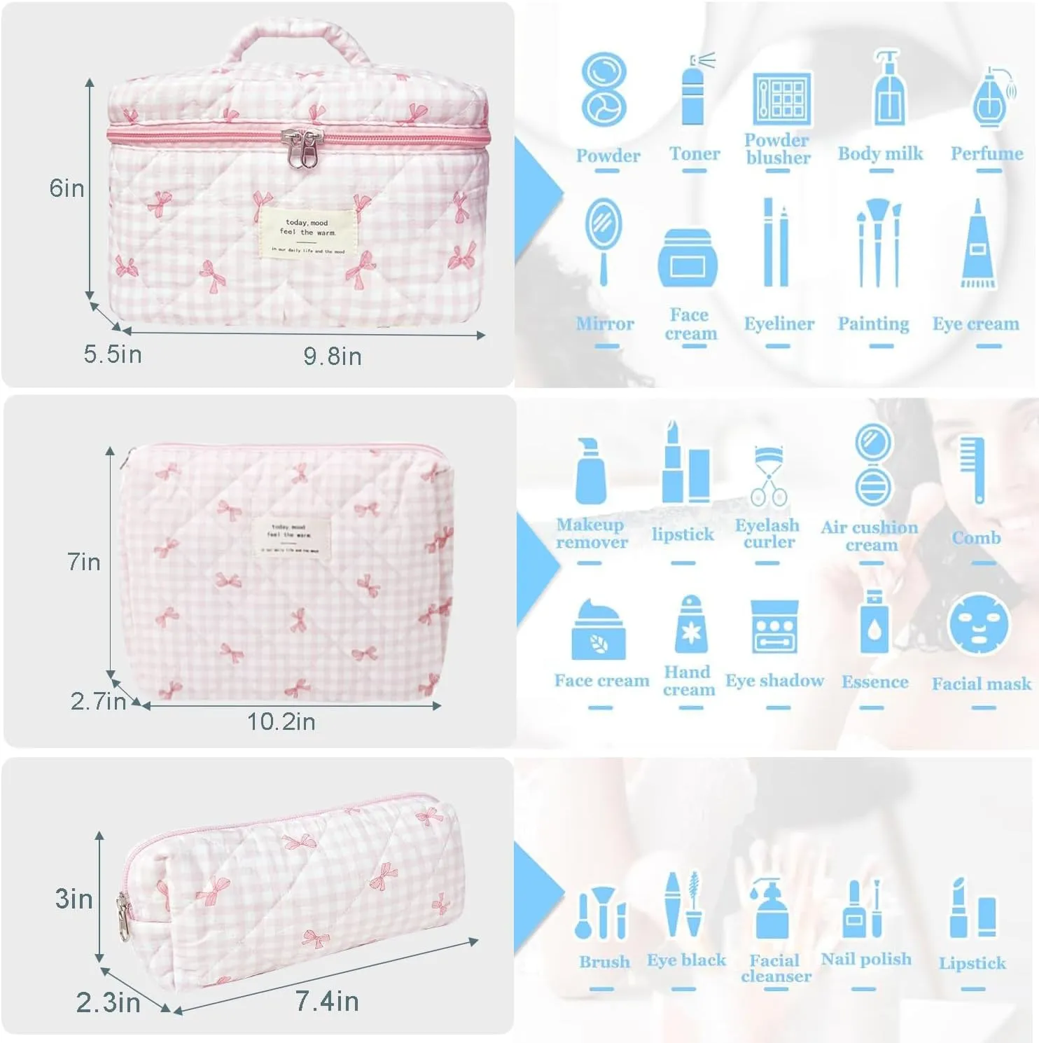 3 Pcs Cotton Quilted Makeup Bag Set, Floral Cotton Cosmetic Bag, Aesthetic Toiletry Travel Organizer Bag for Women (Pink Gingham Bow)