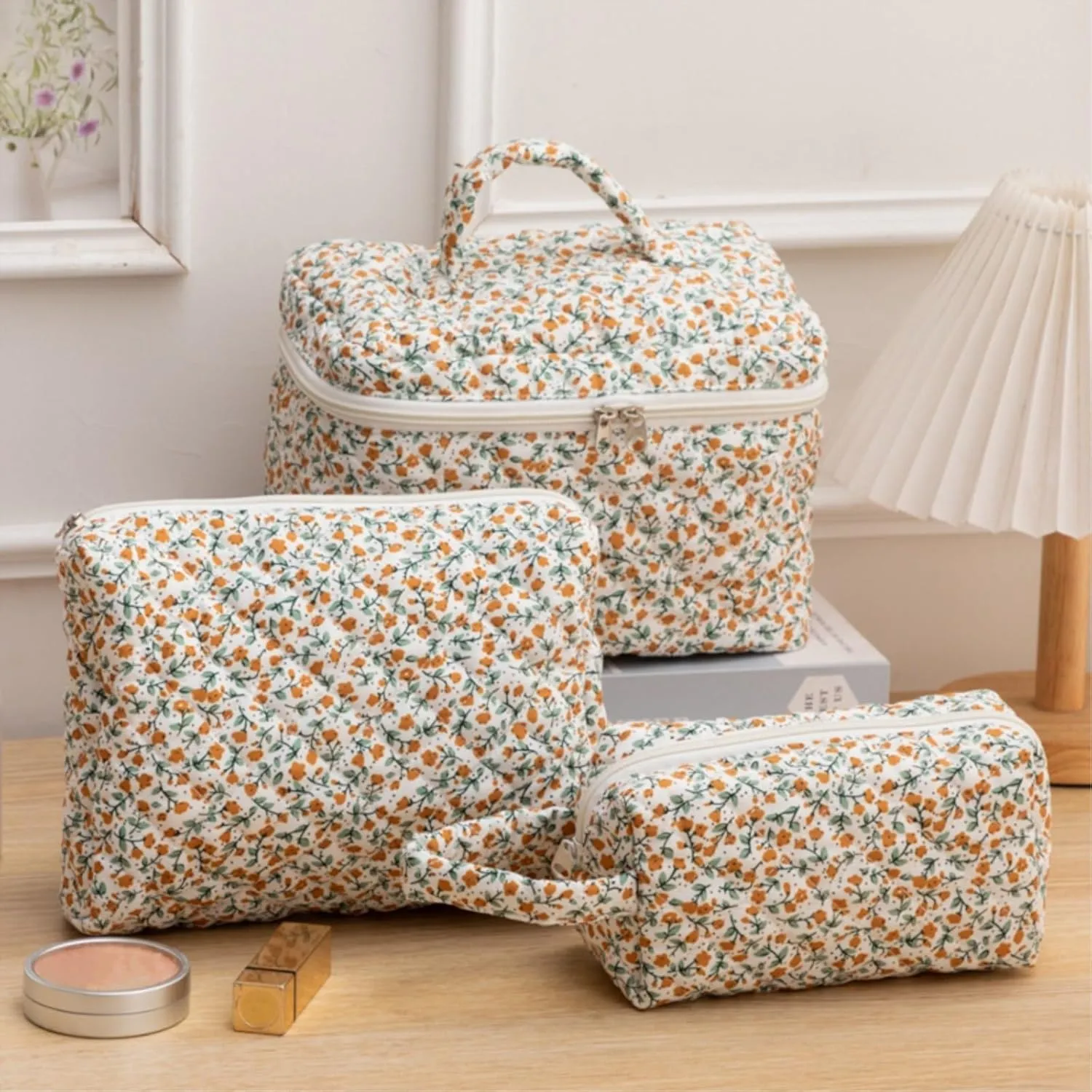 3 Pcs Cotton Quilted Makeup Bag Set, Floral Cute Travel Toiletry Cosmetic Bag Organizer for Women Girls (F)