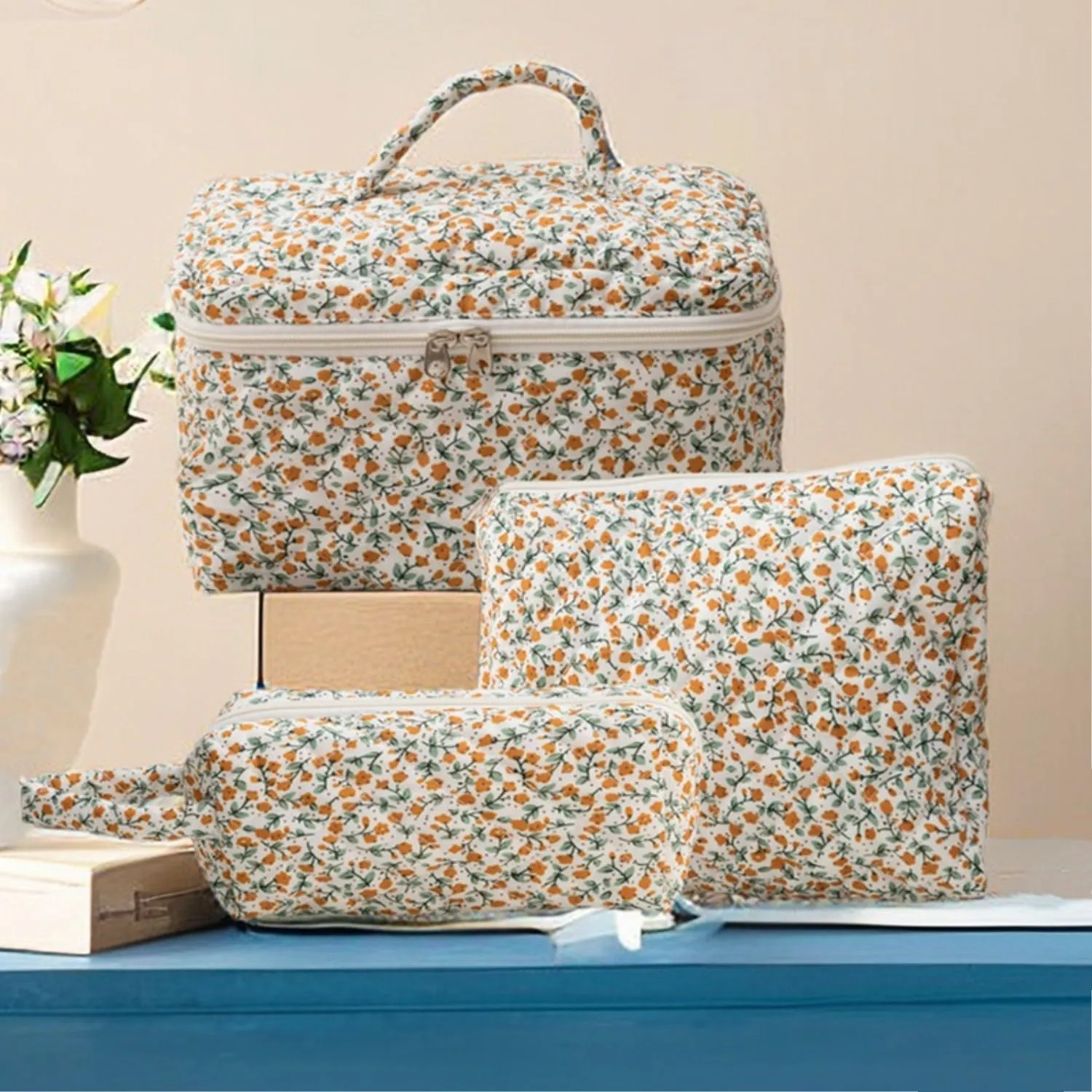 3 Pcs Cotton Quilted Makeup Bag Set, Floral Cute Travel Toiletry Cosmetic Bag Organizer for Women Girls (F)