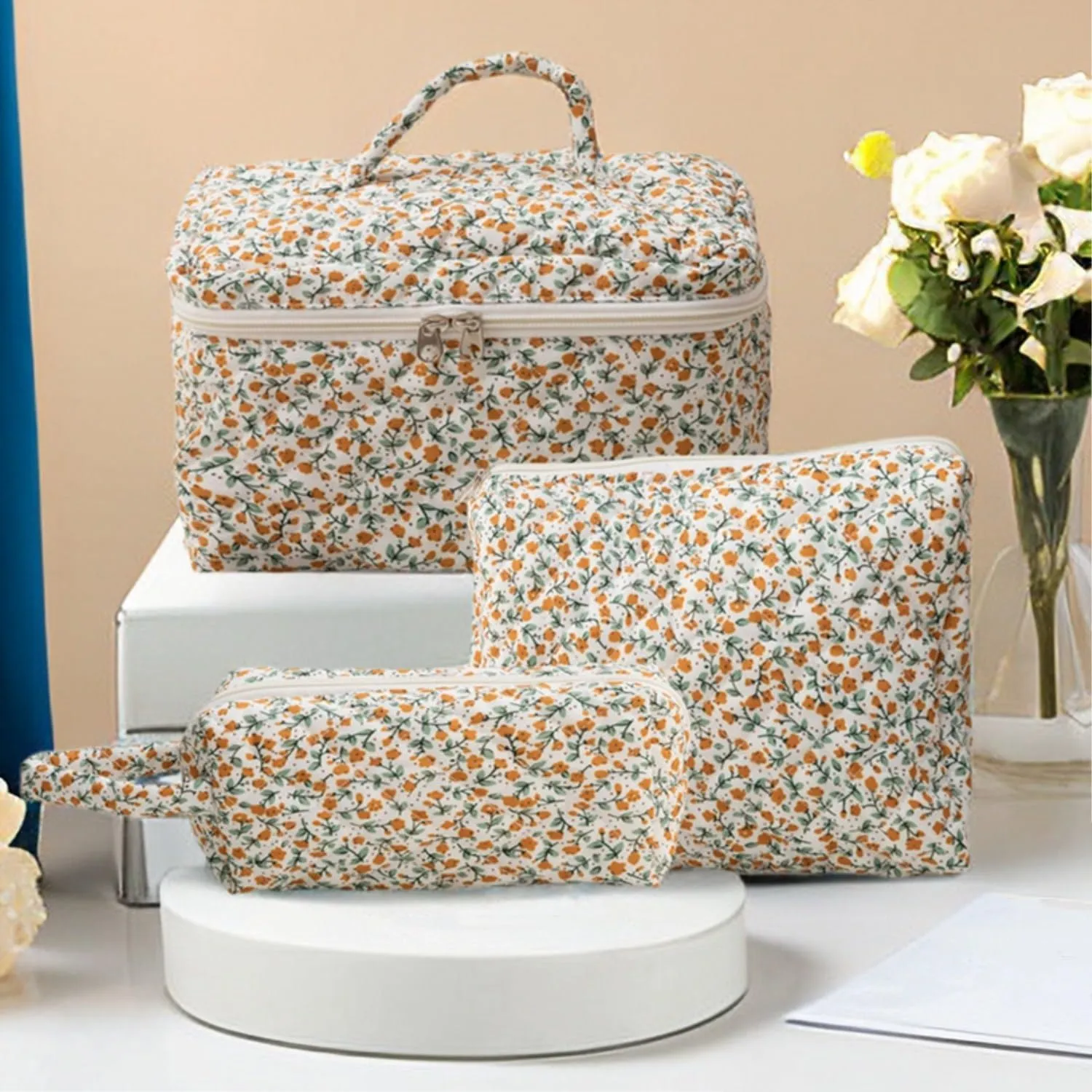 3 Pcs Cotton Quilted Makeup Bag Set, Floral Cute Travel Toiletry Cosmetic Bag Organizer for Women Girls (F)