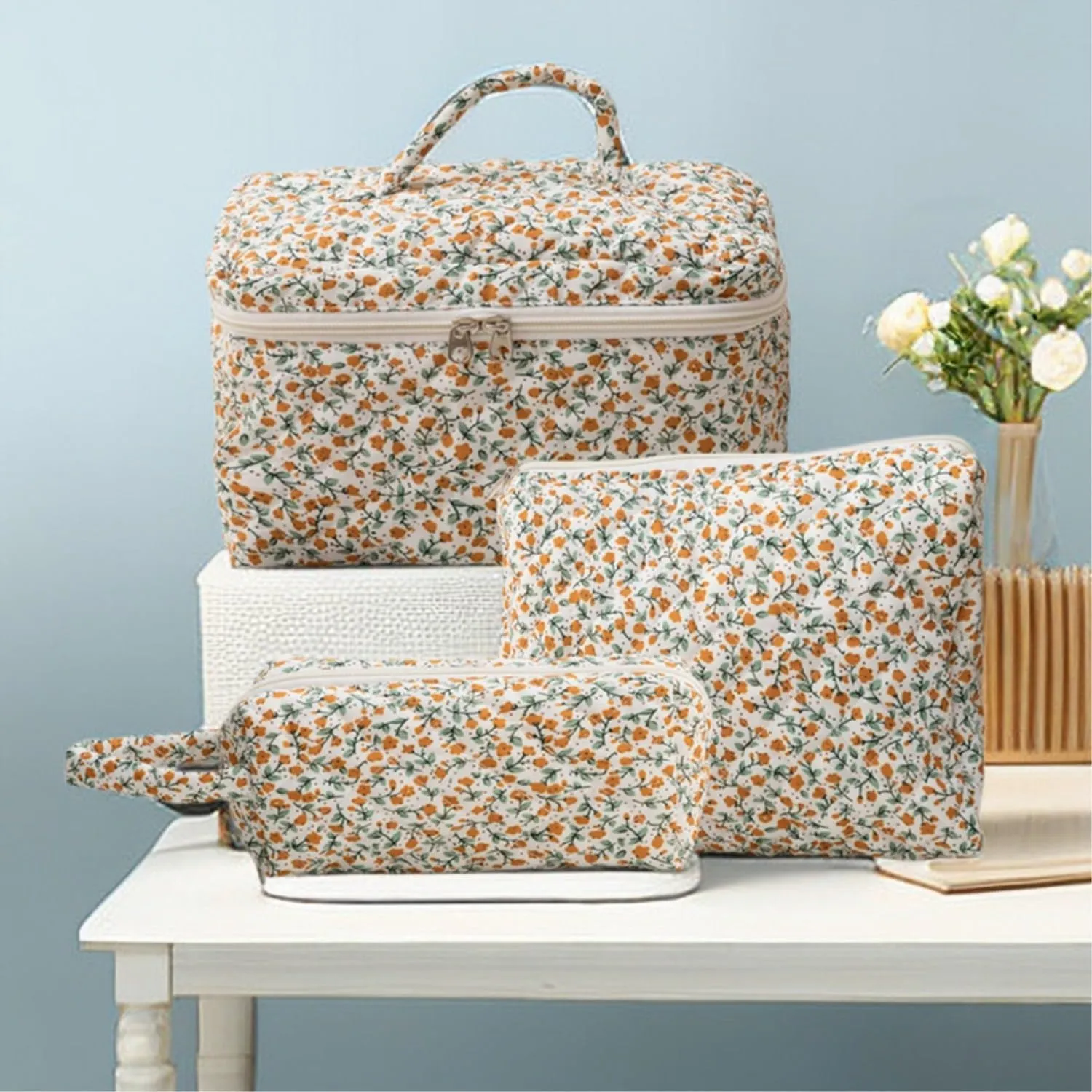 3 Pcs Cotton Quilted Makeup Bag Set, Floral Cute Travel Toiletry Cosmetic Bag Organizer for Women Girls (F)