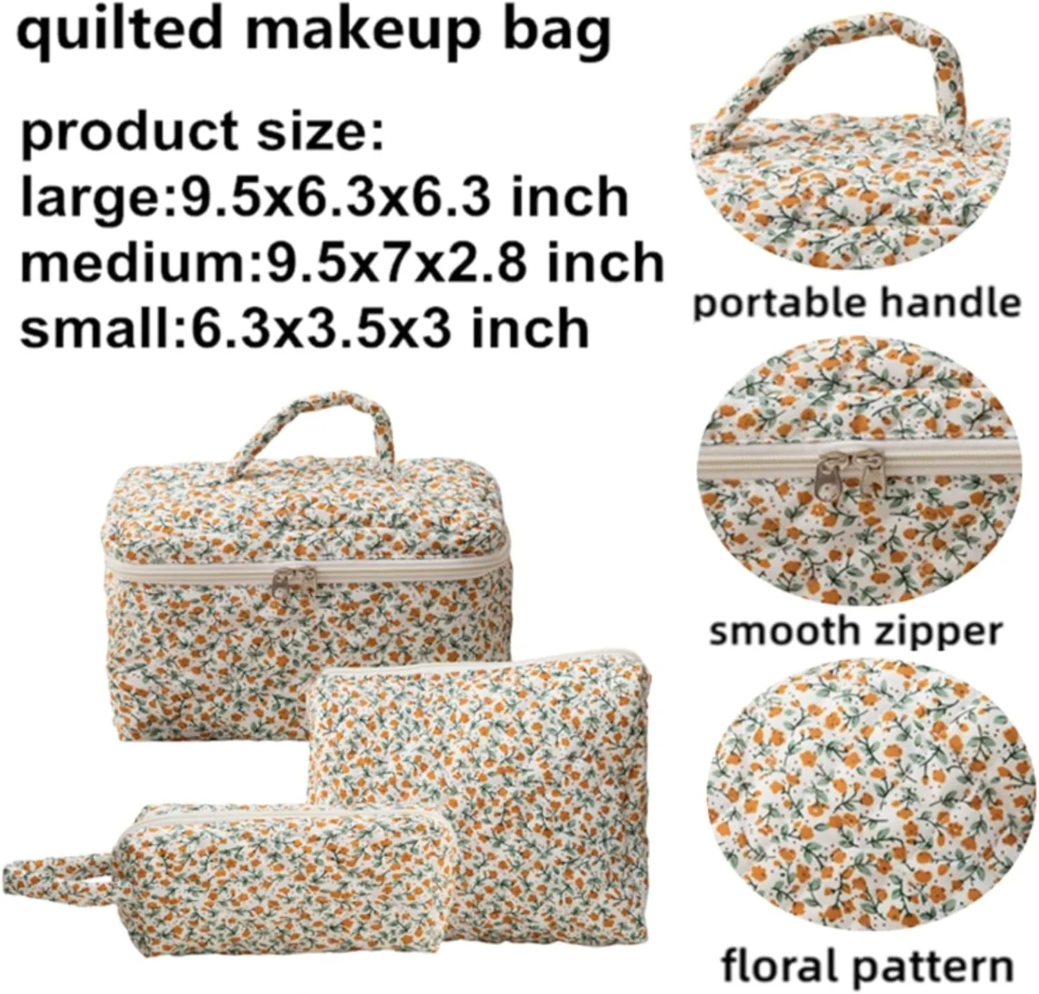 3 Pcs Cotton Quilted Makeup Bag Set, Floral Cute Travel Toiletry Cosmetic Bag Organizer for Women Girls (F)