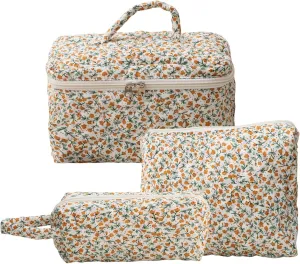 3 Pcs Cotton Quilted Makeup Bag Set, Floral Cute Travel Toiletry Cosmetic Bag Organizer for Women Girls (F)