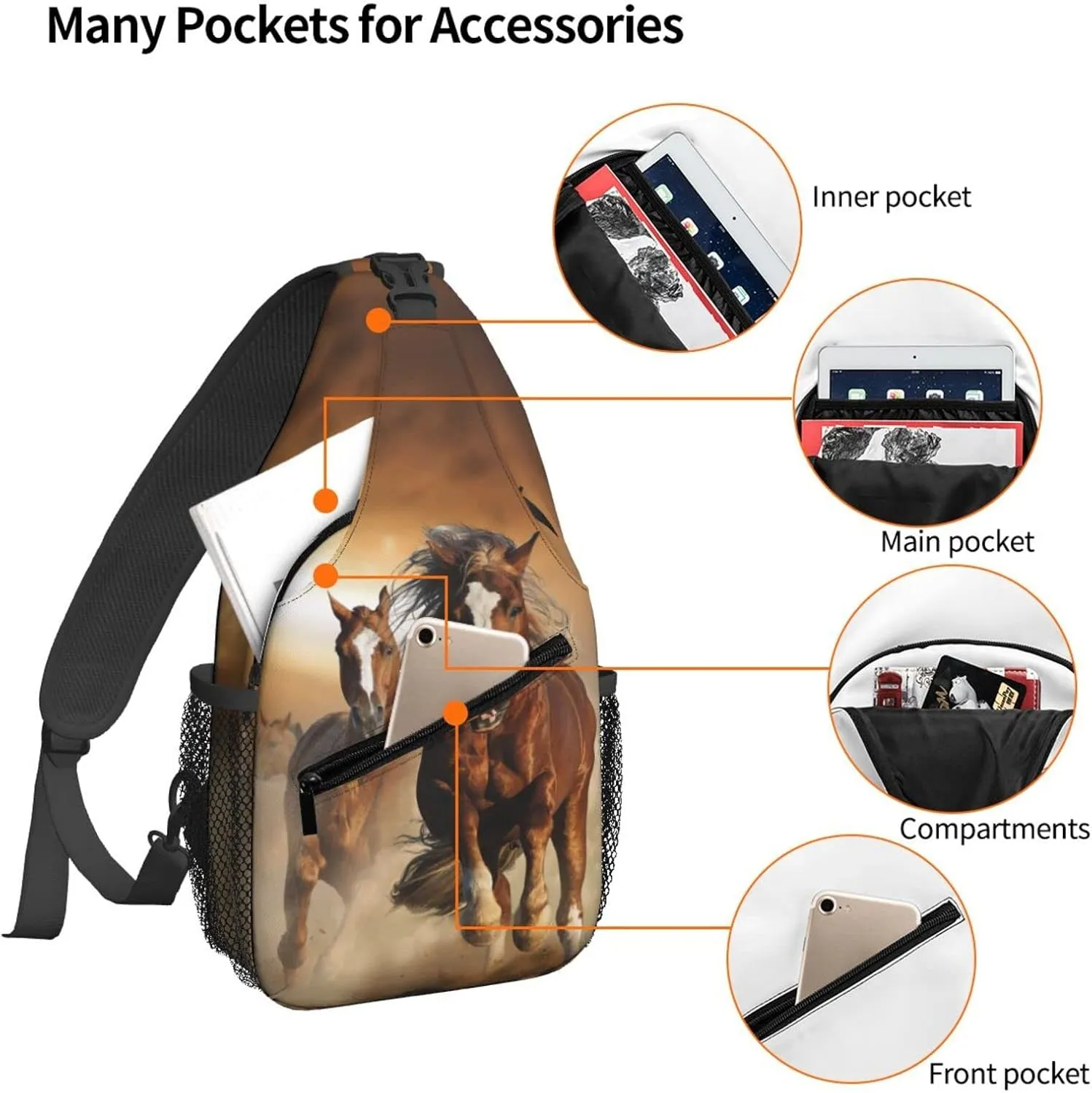 3d Animal Horses Crossbody Bags for Women Trendy Sling Backpack Men Chest Shoulder Bag Gym Cycling Travel Hiking Daypack