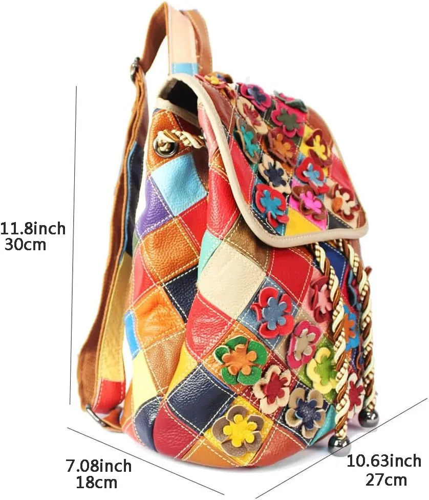 3D Colorful Flowers Backpack for Women Multi-colored Genuine Leather Daypack Random Color Spliced Drawstring Shoulder Purses
