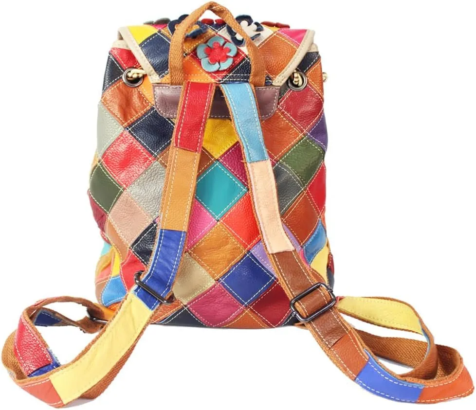 3D Colorful Flowers Backpack for Women Multi-colored Genuine Leather Daypack Random Color Spliced Drawstring Shoulder Purses