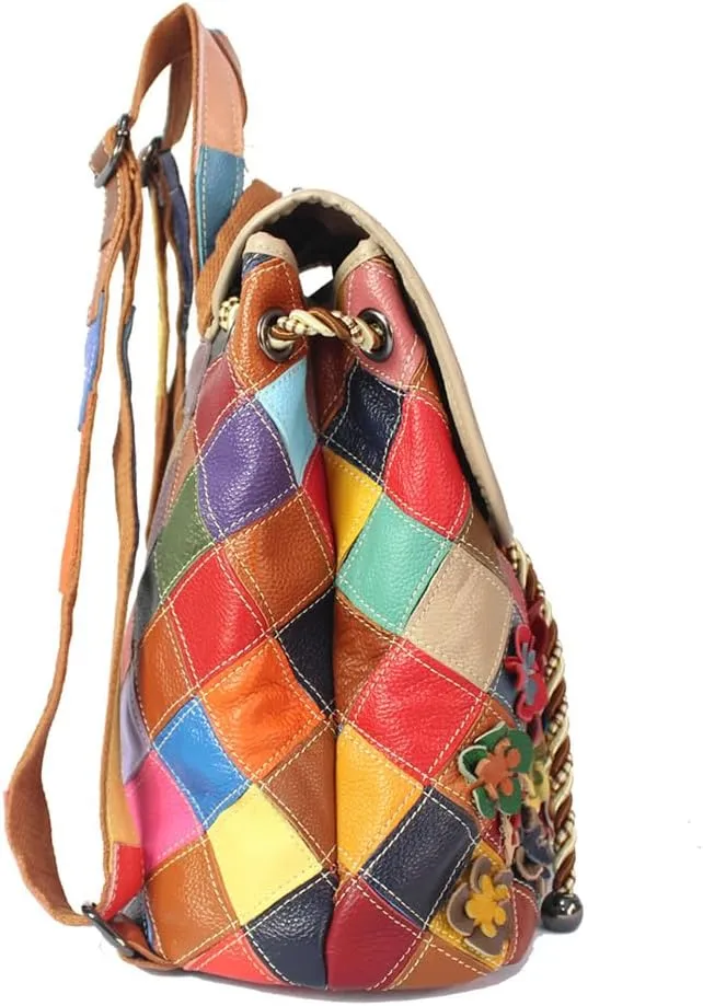 3D Colorful Flowers Backpack for Women Multi-colored Genuine Leather Daypack Random Color Spliced Drawstring Shoulder Purses