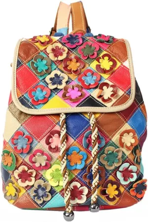 3D Colorful Flowers Backpack for Women Multi-colored Genuine Leather Daypack Random Color Spliced Drawstring Shoulder Purses