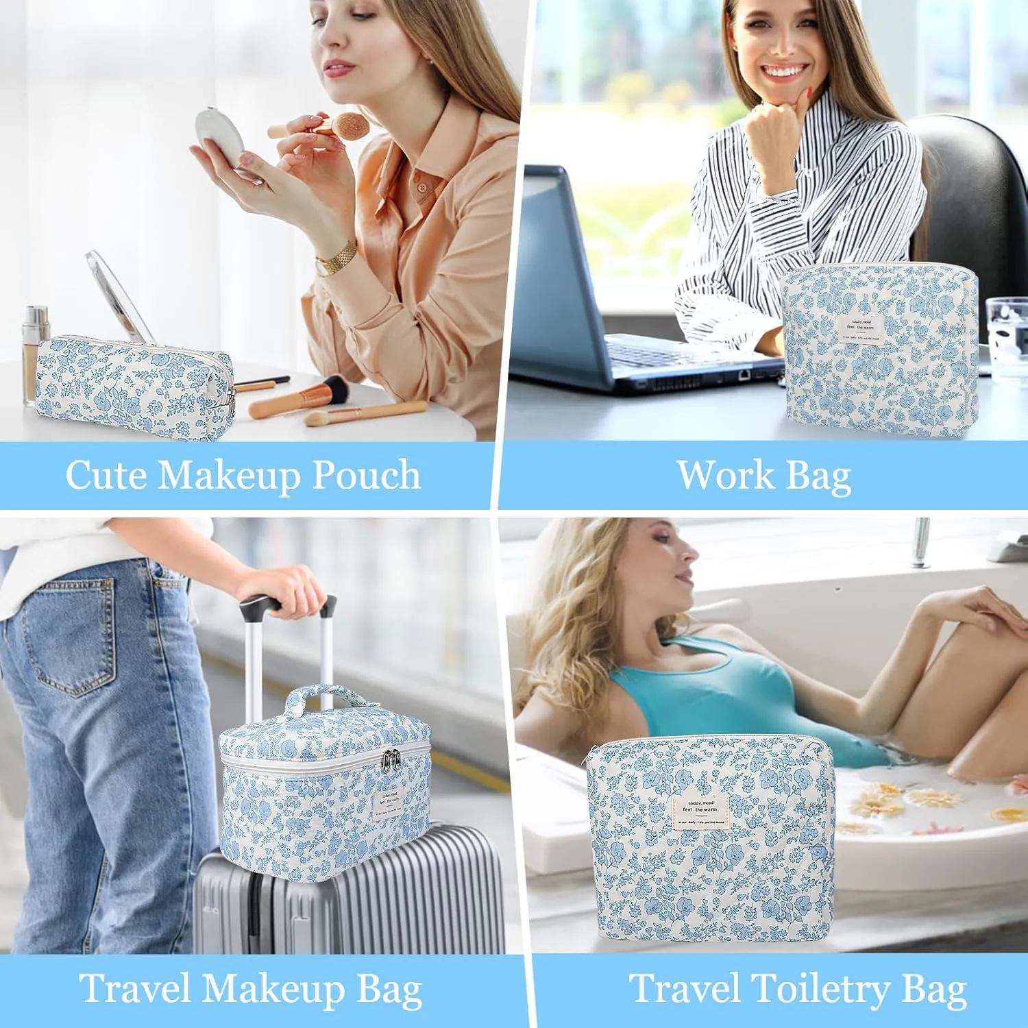 3PC Makeup Bag Set, Quilted Makeup Bag, Large Floral Cosmetic Bag for Women, Cute Cotton Makeup Bags, Flower Travel Toiletry Organizer Bag (Bear)