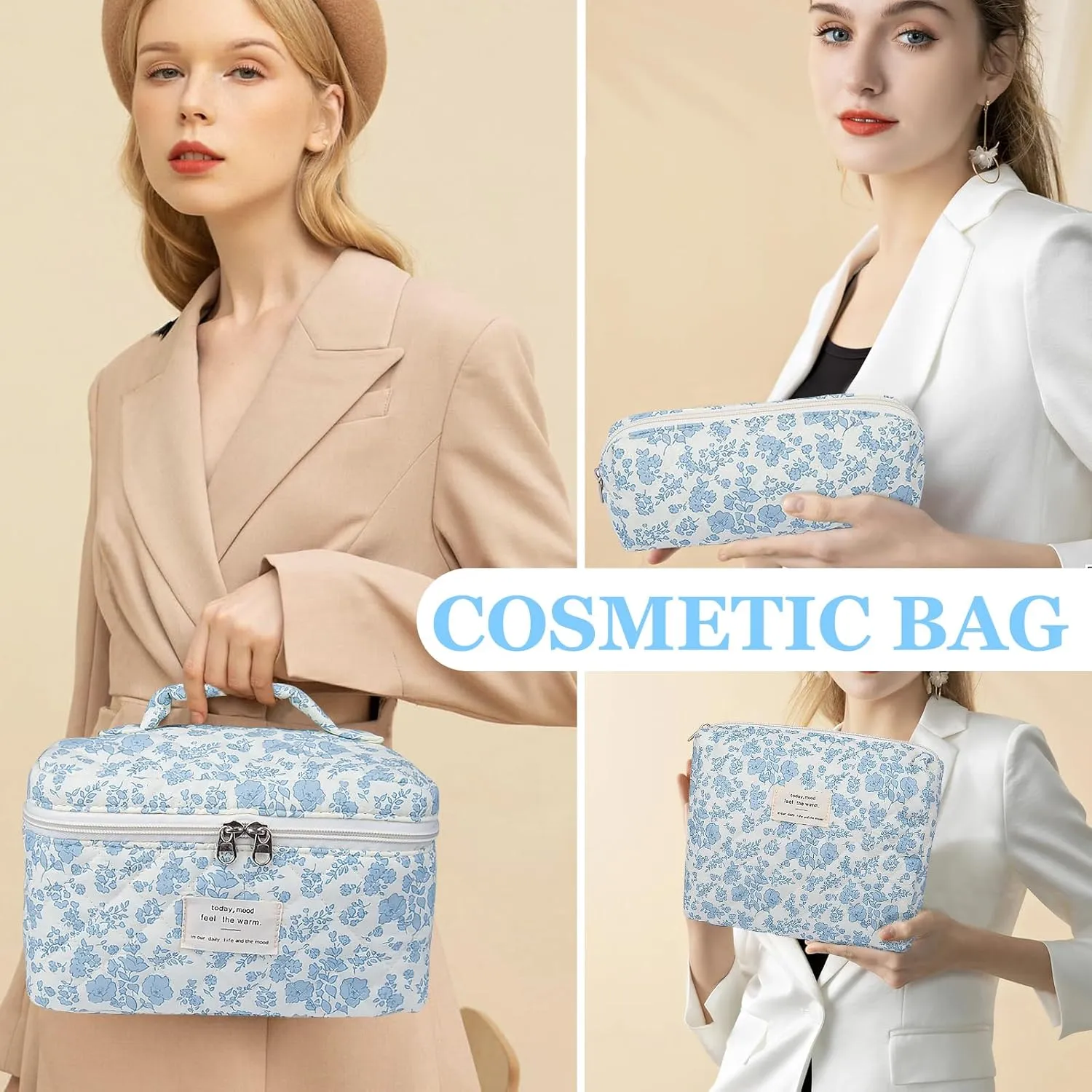 3PC Makeup Bag Set, Quilted Makeup Bag, Large Floral Cosmetic Bag for Women, Cute Cotton Makeup Bags, Flower Travel Toiletry Organizer Bag (Bear)