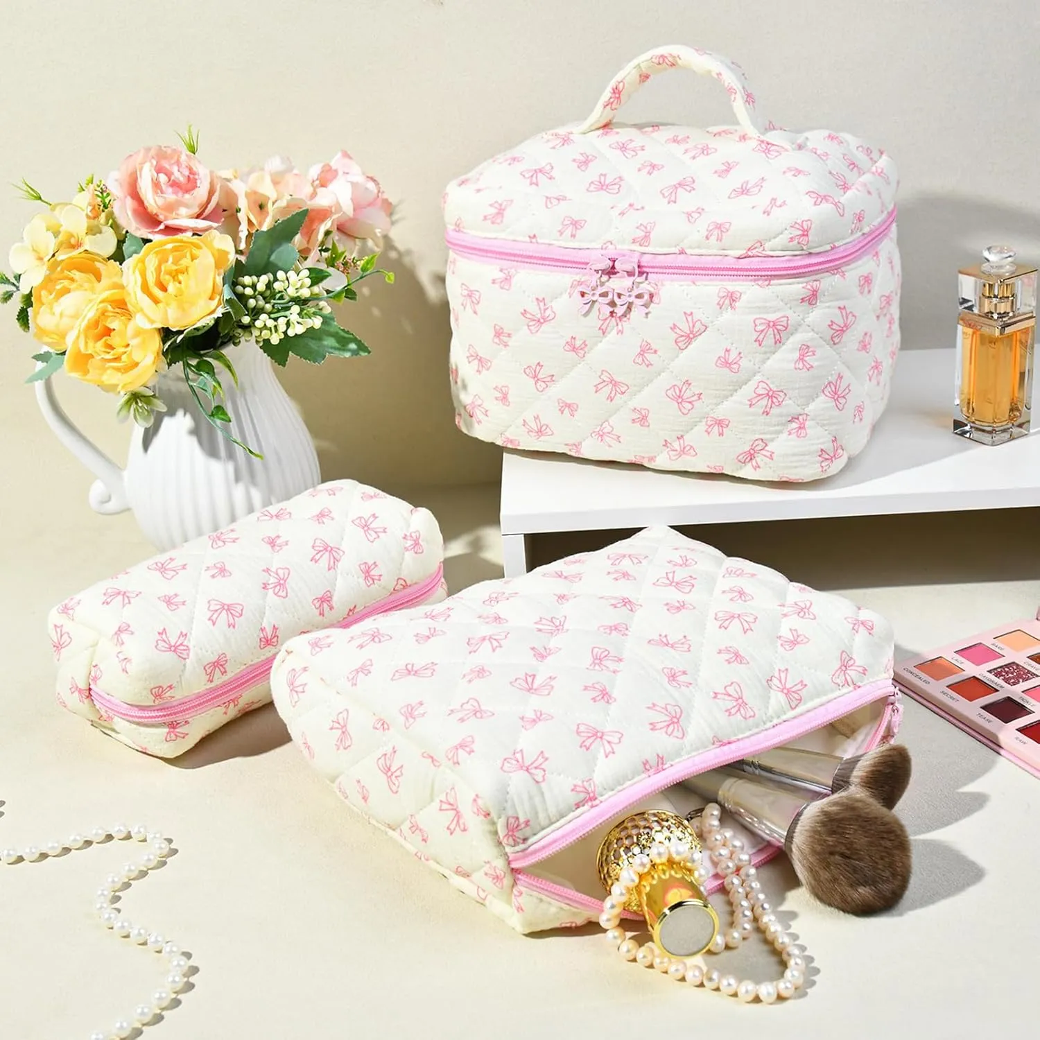 3PCS Makeup Bag Quilted Makeup Bags Set Cute Large Cosmetic Bag for Women Girls Coquette Aesthetic Toiletry Bag Travel Make Up Organizer Skincare Bag