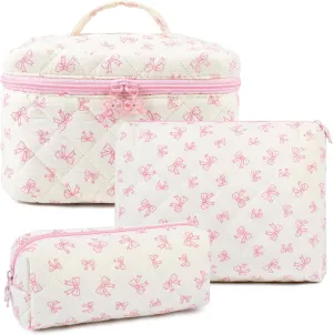 3PCS Makeup Bag Quilted Makeup Bags Set Cute Large Cosmetic Bag for Women Girls Coquette Aesthetic Toiletry Bag Travel Make Up Organizer Skincare Bag