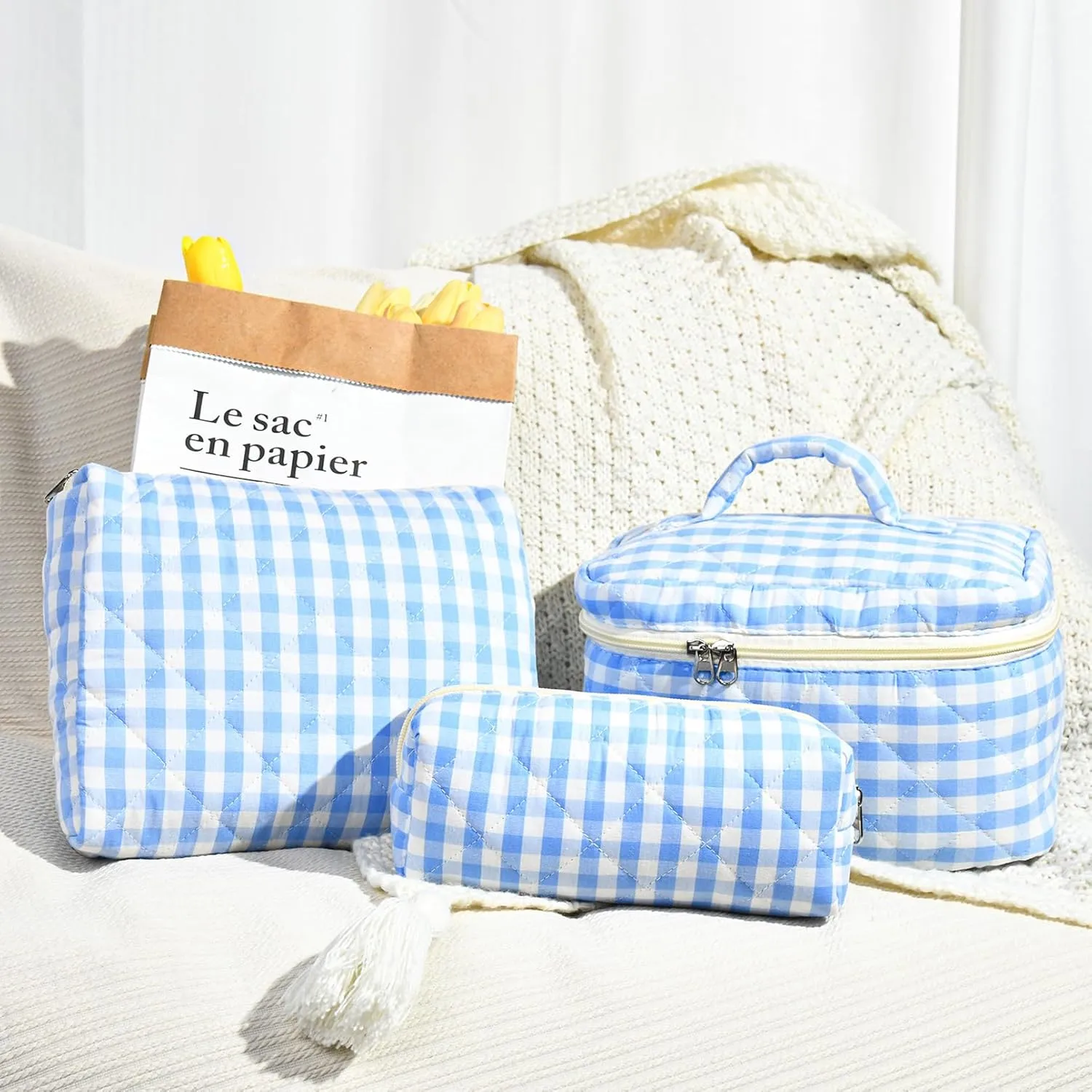 3PCS Makeup Bag Quilted Makeup Bags Set Cute Large Cosmetic Bag for Women Girls Coquette Aesthetic Toiletry Bag Travel Make Up Organizer Skincare Bag