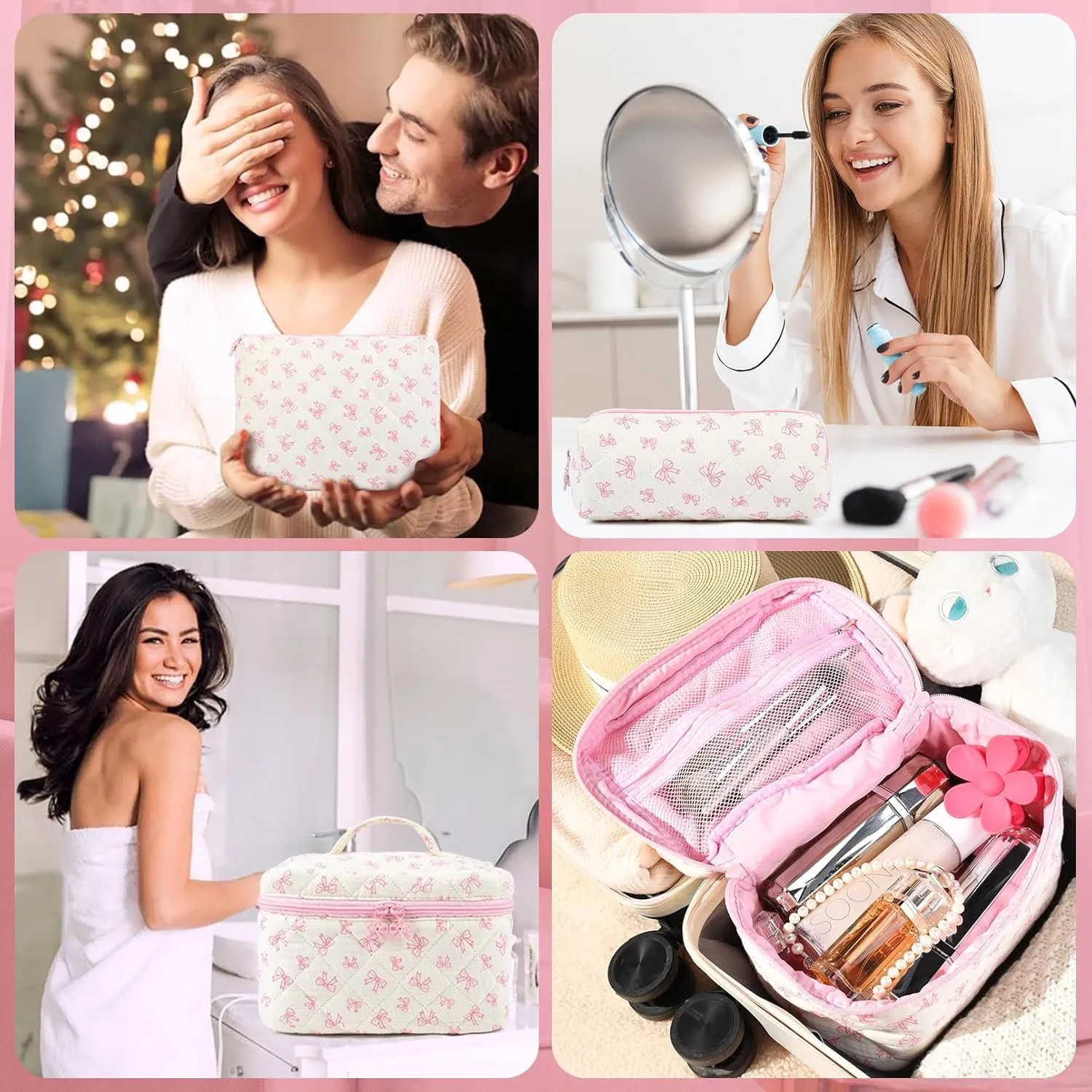 3PCS Makeup Bag Quilted Makeup Bags Set Cute Large Cosmetic Bag for Women Girls Coquette Aesthetic Toiletry Bag Travel Make Up Organizer Skincare Bag