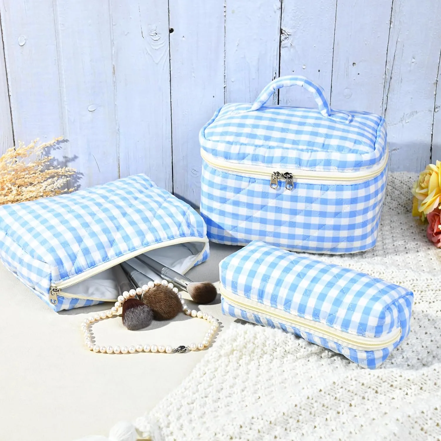 3PCS Makeup Bag Quilted Makeup Bags Set Cute Large Cosmetic Bag for Women Girls Coquette Aesthetic Toiletry Bag Travel Make Up Organizer Skincare Bag