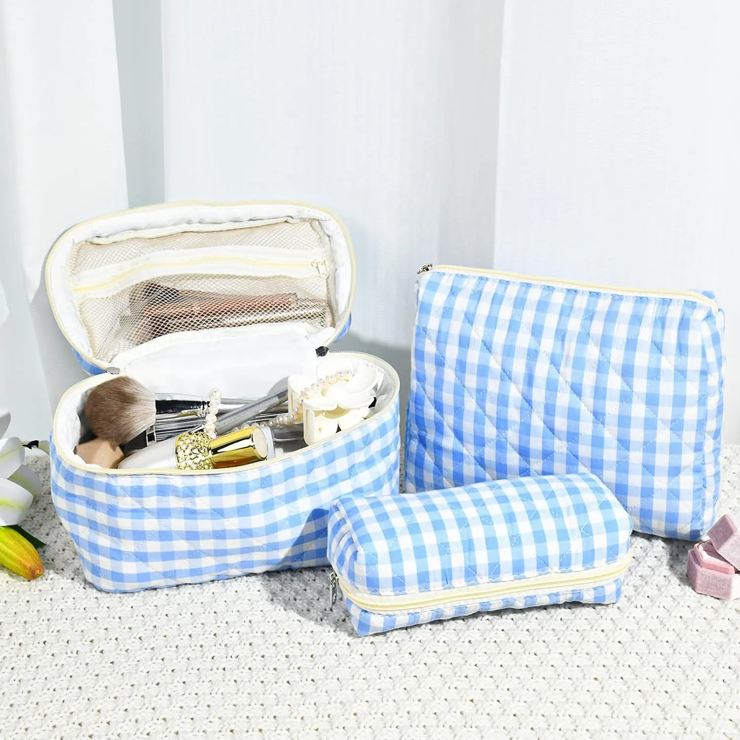 3PCS Makeup Bag Quilted Makeup Bags Set Cute Large Cosmetic Bag for Women Girls Coquette Aesthetic Toiletry Bag Travel Make Up Organizer Skincare Bag