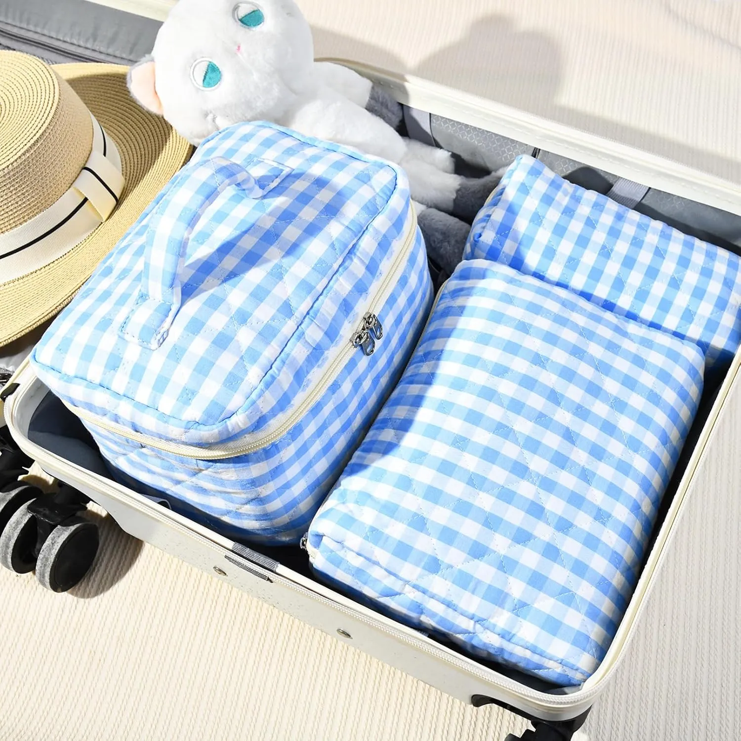 3PCS Makeup Bag Quilted Makeup Bags Set Cute Large Cosmetic Bag for Women Girls Coquette Aesthetic Toiletry Bag Travel Make Up Organizer Skincare Bag