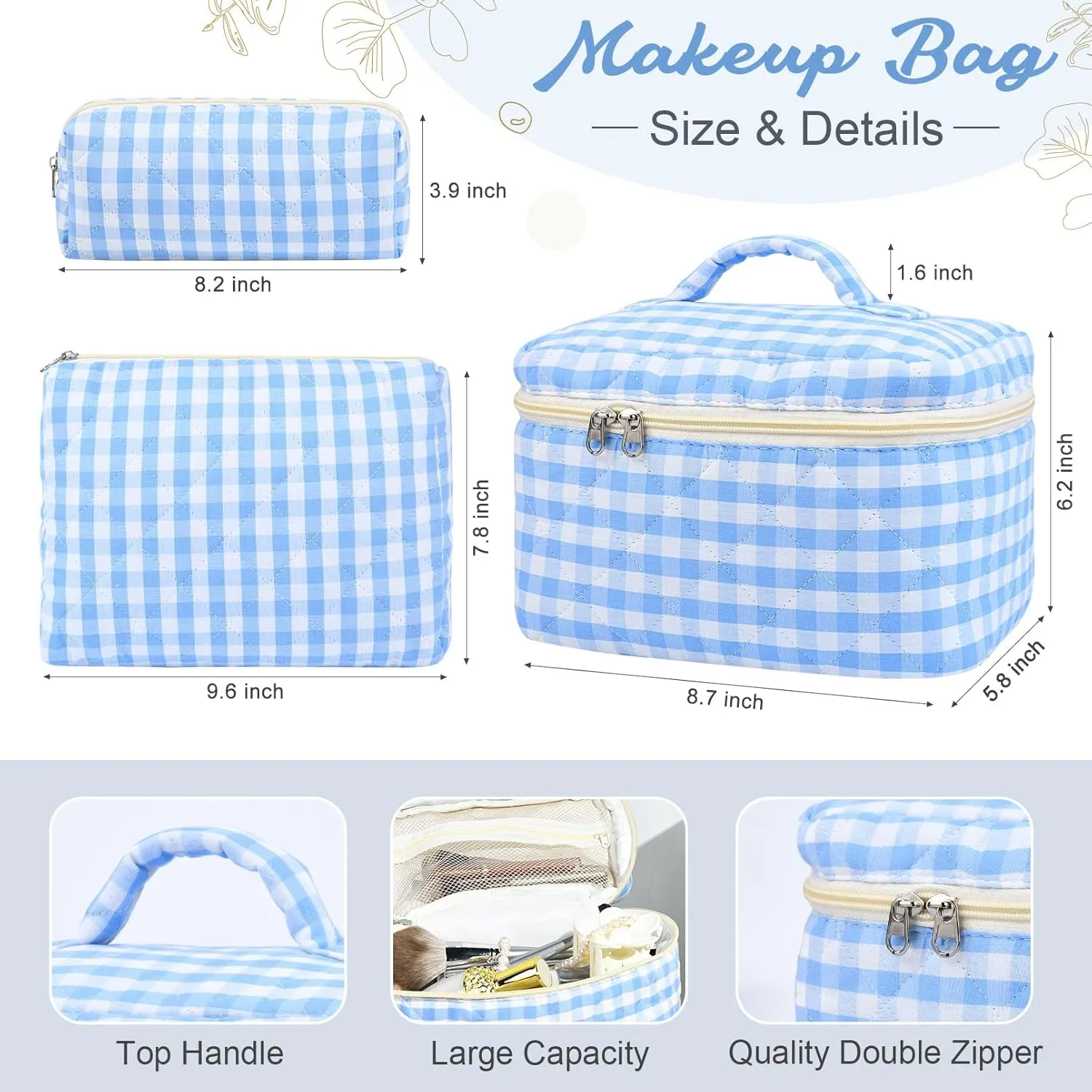 3PCS Makeup Bag Quilted Makeup Bags Set Cute Large Cosmetic Bag for Women Girls Coquette Aesthetic Toiletry Bag Travel Make Up Organizer Skincare Bag